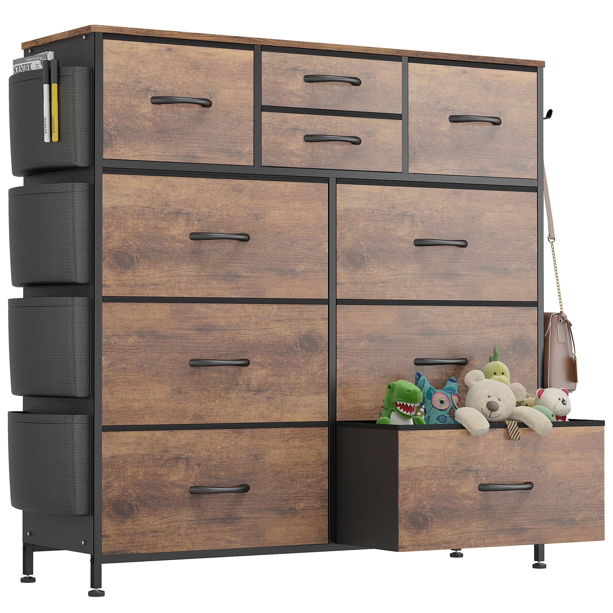 Tall Chest of Drawers Bedroom, 10 Fabric Drawers Dresser with Side Pockets and Hooks, Wooden Top and Metal Frame, Storage Drawers for Closet, Living room, Kids Room (Rustic Brown)