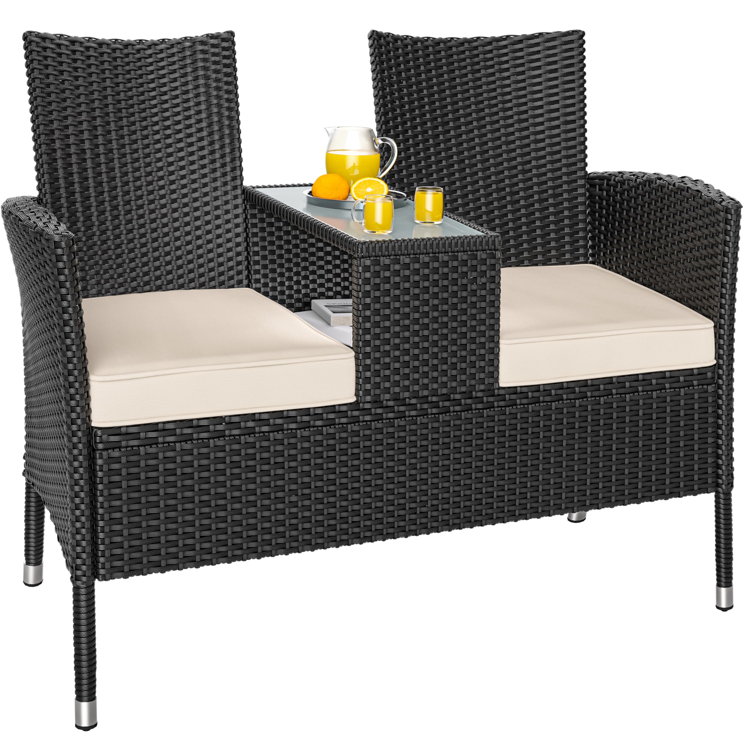 CASARIA® 2-Seater Polyrattan Garden Bench Including Table And Cushions | 143x55x88cm | 320kg Capacity | Weatherproof Loveseat Patio Balcony Furniture | Outdoor Cinema Seat | Black