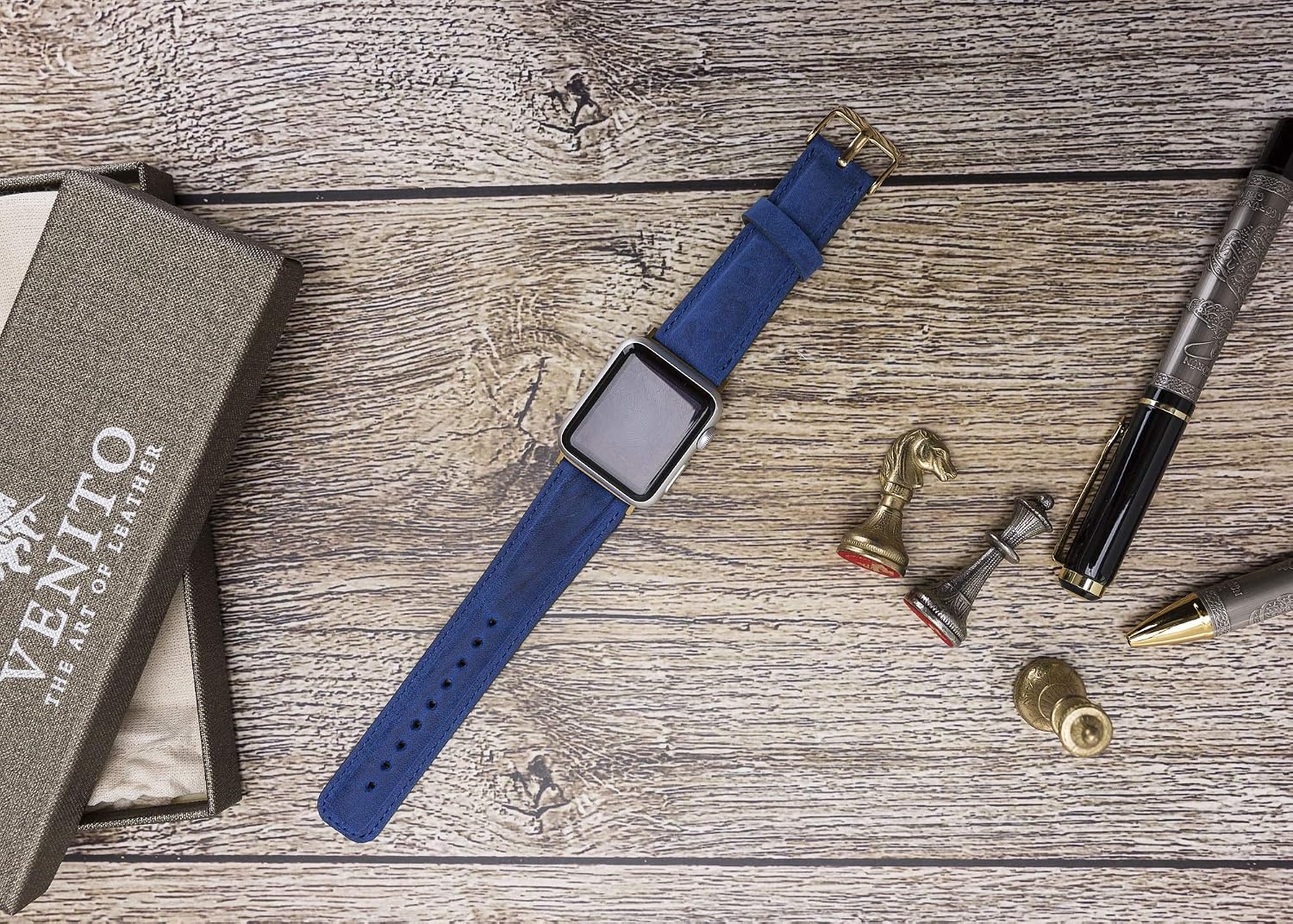 Tuscany Premium Leather Watch Band for Apple Watch Series 11 10 42mm, Series 9 8 7 6 5 4 3 & SE 3/2/1 41mm 40mm 38mm, Handmade, Watch Strap for Women & Men (Antique Dark Blue w/Rose Gold Connector) image 2