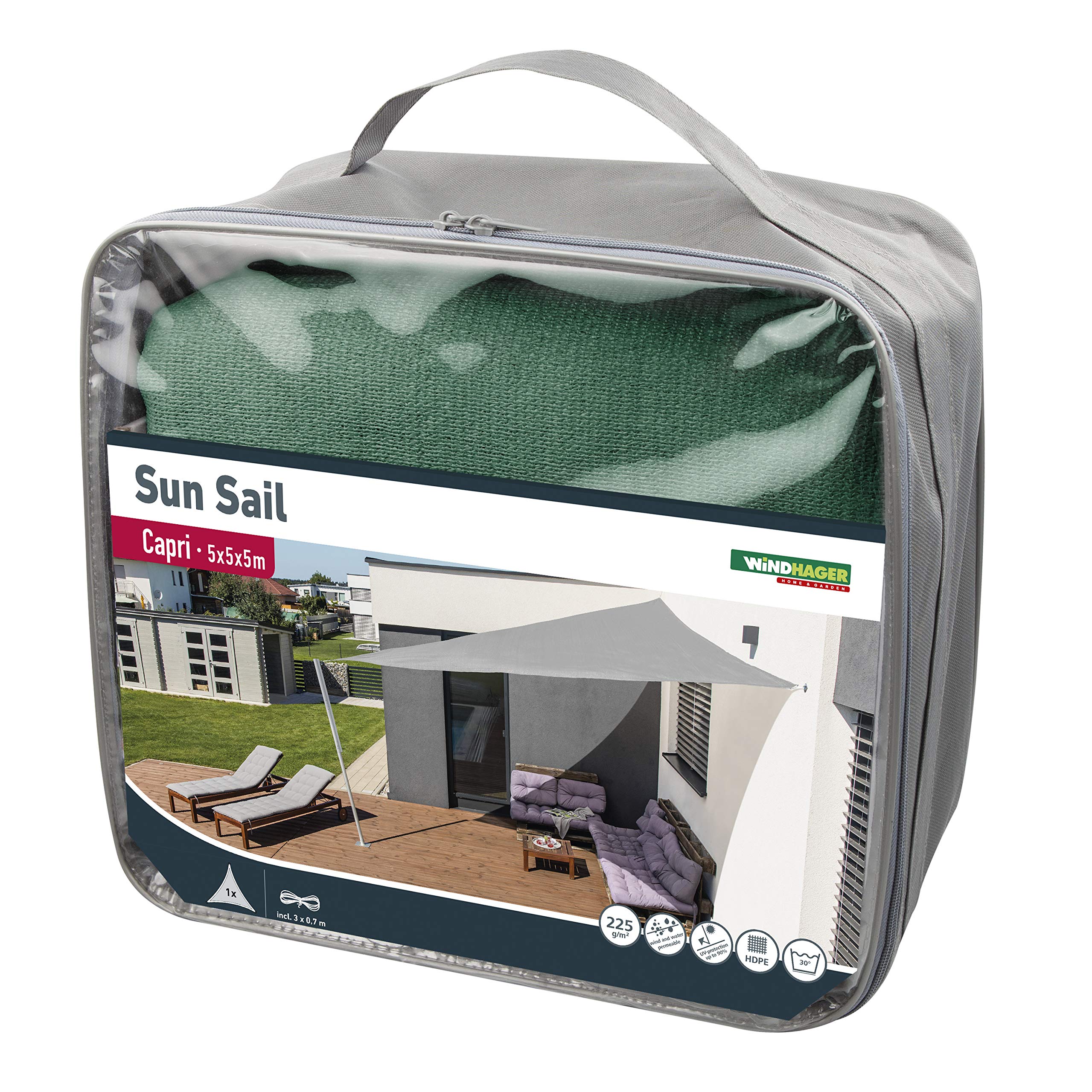 Windhager Sonnensegel Capri Dreieck 5 x 5 m (gleichschenkelig), Sonnenschutz für Garten & Terrasse, UV- und witterungsbeständig, Olive