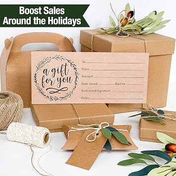 Hadley Designs 25 Blank Gift Certificates for Business 4x9 Christmas Gift Certificates Cards for Small Business, Spa, Massage, Nail & Hair Salon, Restaurant, Holidays Coupon Vouchers Made in USA