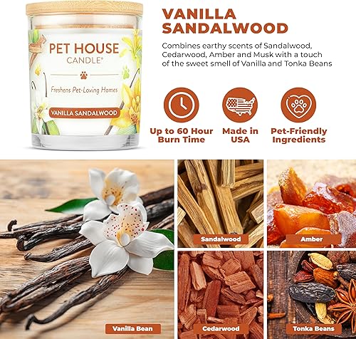 Vista 2 de One Fur All Pet House Candle Plant-Based/Soy - Clean Burning Scented, Long Lasting Pet Odor Candle for Home - Vanilla Sandalwood Sándalo de vainilla