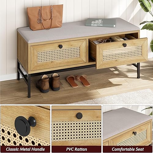 Miniatura 4 de GAOMON Banco de zapatos de ratán con cajón de almacenamiento, banco de almacenamiento de madera con cojín de asiento de lino, para pasillo y