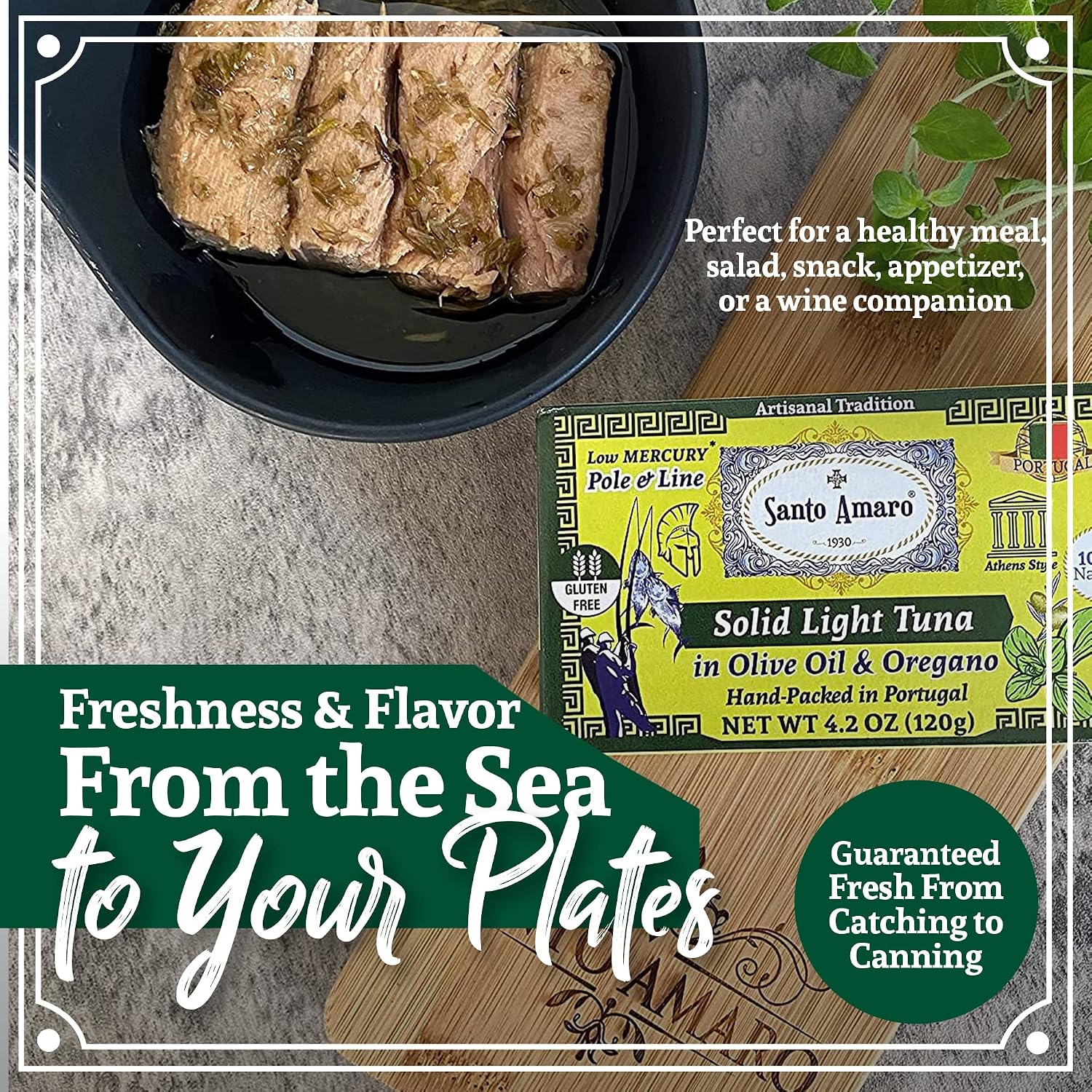 Santo Amaro - Artisanal Wild Tuna Fillets in Olive Oil & Oregano, Pole & Line Caught Tuna from Portugal, Hand-Packed Athens-Style Canned Tuna Fish, 22g Protein, Paleo, Keto, Low Mercury, Pack of 6