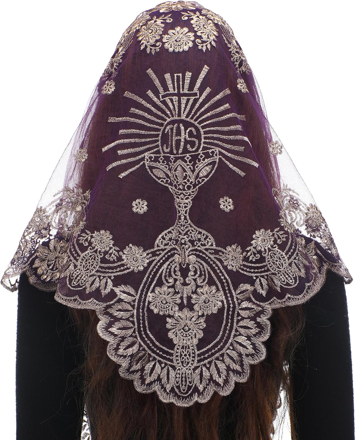 Bozidol Church Triangular Head covering - Cross Chalice Embroidered Vintage Church Veil for Women