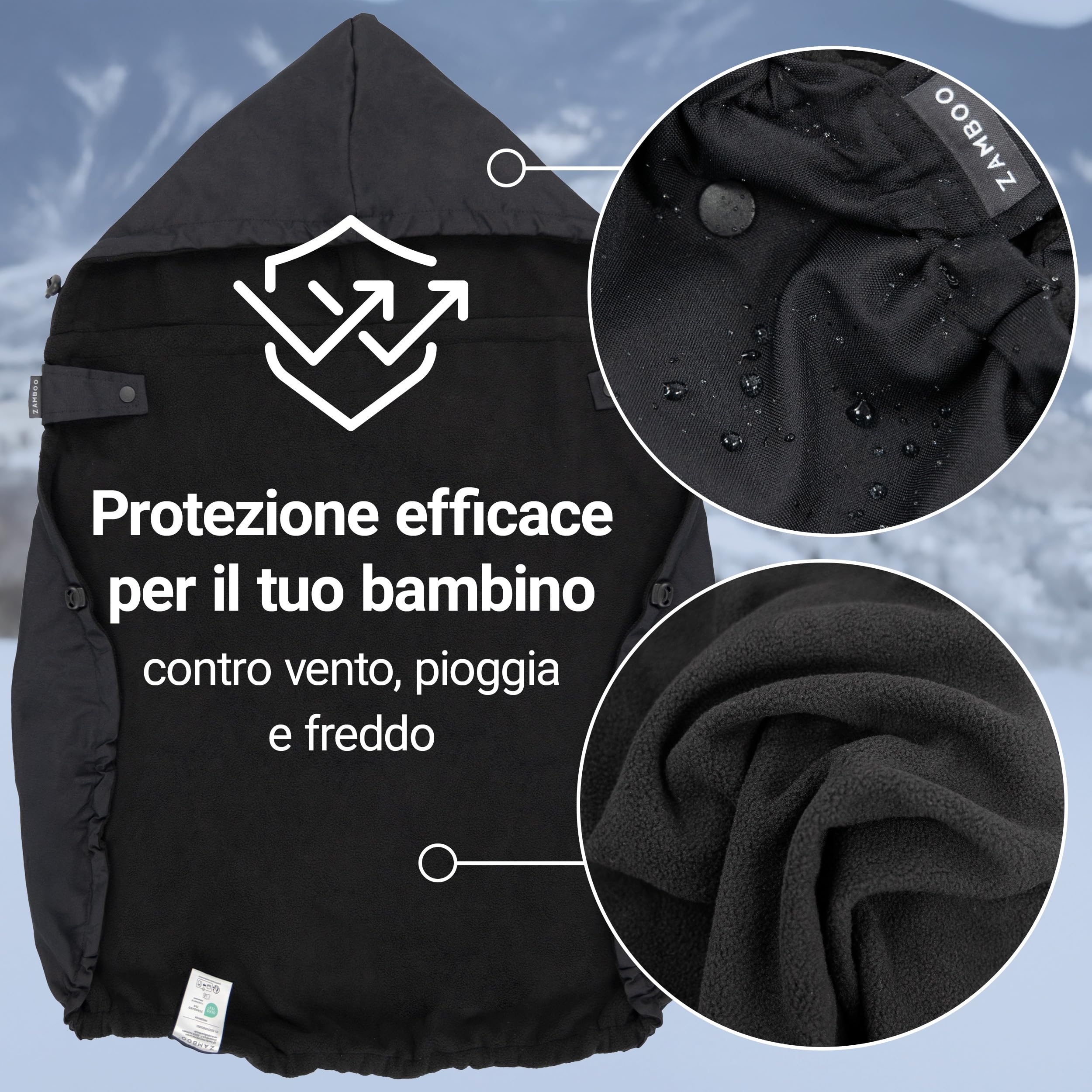 Zamboo Copri Marsupio Neonato Universale | Protezione Antivento in Caldo Pile, Compatibile con molti marsupi frontali | Certificata OEKO-TEX Standard 100 – Nero