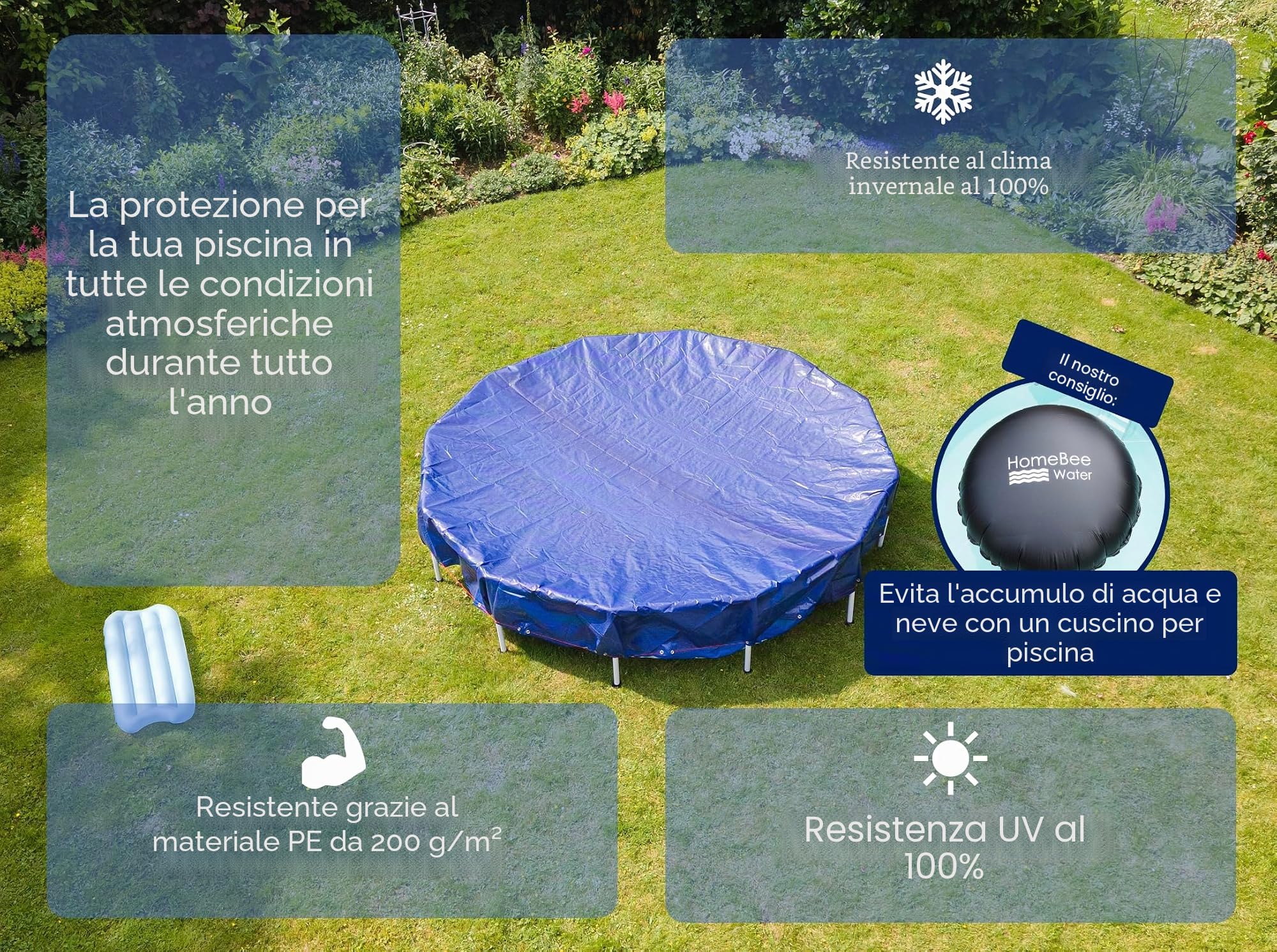 Telo per piscina invernale, telo estivo 2 in 1, in materiale PE da 200 g/m², resistente ai raggi UV, per l'estate e l'inverno, copertura estiva (rotondo Ø 520 cm)