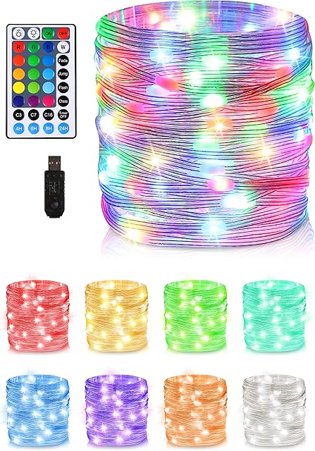 POWERbeast Fairy Lights, 10m 100 LED Fairy Lights Plug in, RGB USB Christmas Lights with Remote Control & Timer, 22 Modes Colour String Lights for Christmas Tree Decorations Indoor Bedroom Curtain