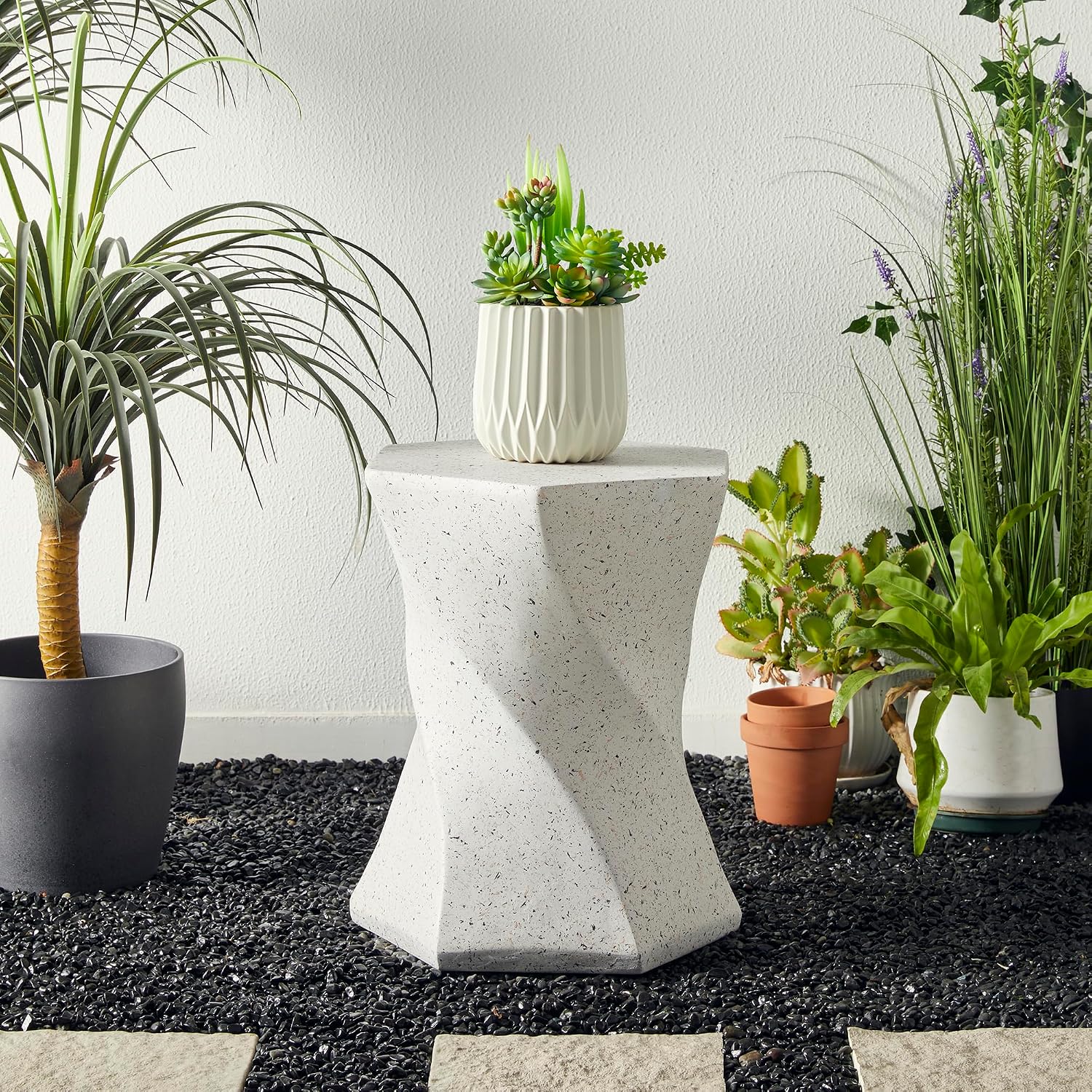 Glitzhome Outdoor Side Table, 17.75" H Decorative Garden Stool MGO Twist Faux Terrazzo End Table, Round Planter Stand for Indoor Outdoor Living Room Bedroom Patio Deck Poolside, White
