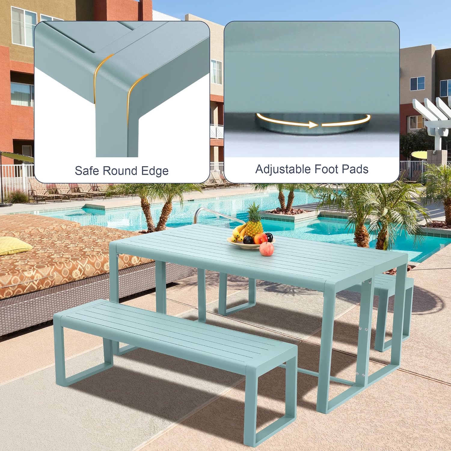 Aoodor 3-Piece Outdoor Patio Dining Set, Aluminum Furniture Set with 1 Rectangular Picnic Table and 2 Benches for Garden, Lawn, Yard