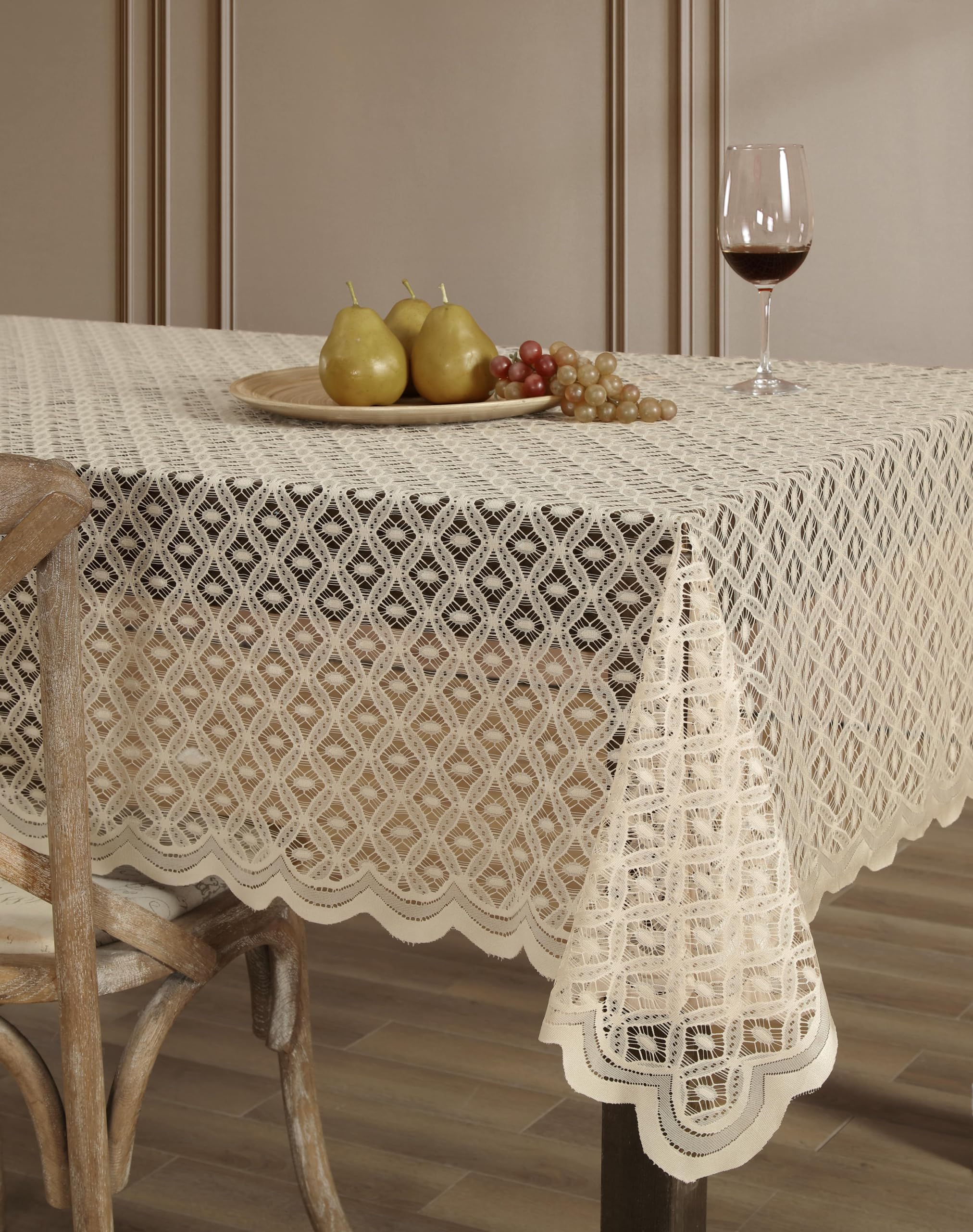 HLC.ME Sedona - Mantel de encaje, rectangular, 60 x 104 pulgadas, lino gris pardo | Mantel festoneado resistente a las arrugas, mantel de tela, ideal para bodas, baby shower y fiestas