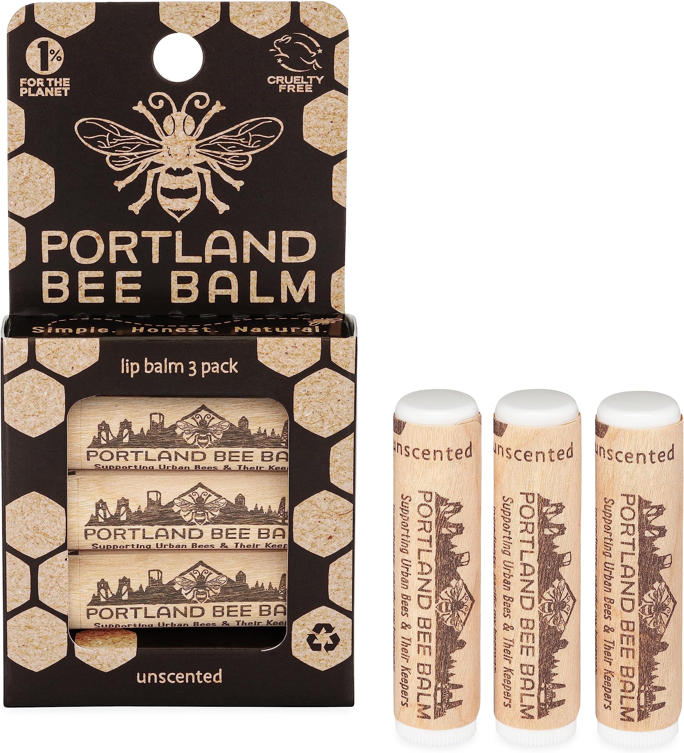 Portland Bee Balm, Beeswax Based Lip Balm - Unscented, Pack of 3