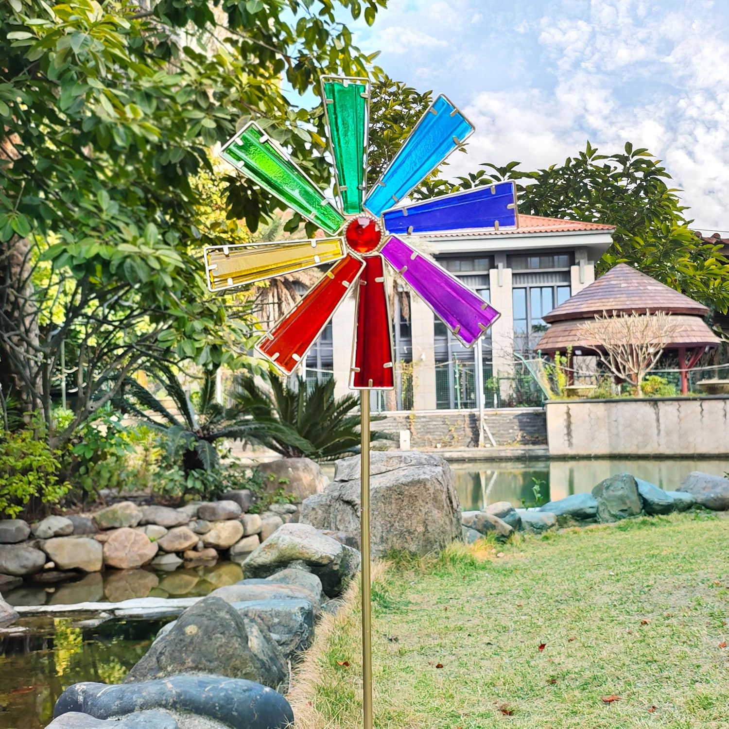 COOZZYHOUR 42 Inch Glass Rainbow Wind Spinners,Outdoor Yard Metal and Glass Windmill Garden Stake, Wind Sculptures for Yard and Garden Lawn Patio Decoration-Rainbow