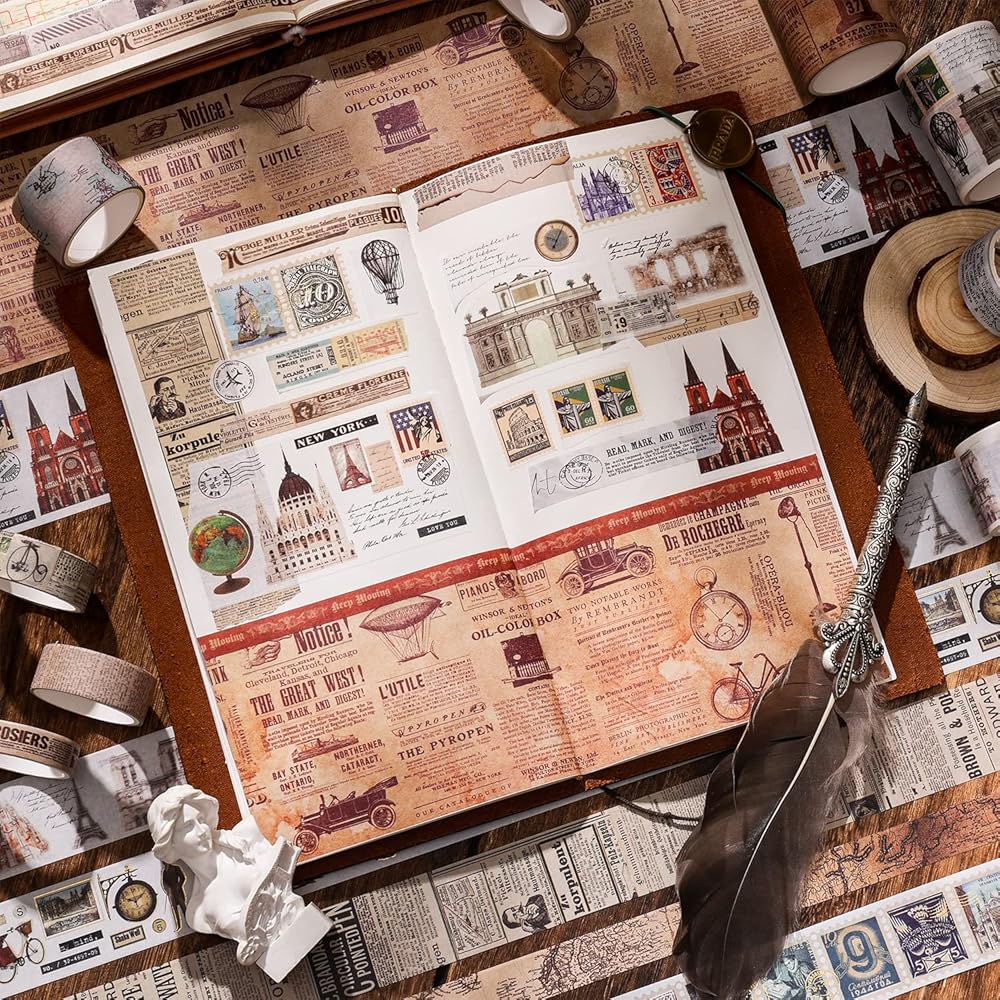 24 Rolls Vintage Washi Tape Set, Antique Car Buildings Map Stamp Stripe Writable Aesthetic Washy Decorative Tapes for Scrapbooking, Junk Journal Supplies, Bullet Journaling 5-75mm Wide (3m Long)/Roll view 7