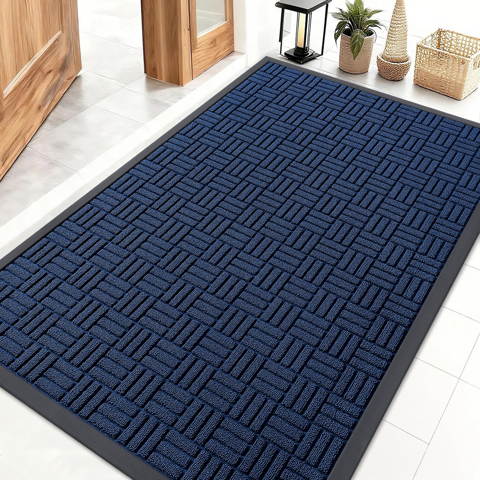OLANLY Front Door Mat Outside Entrance 47x32, Absorbent, Heavy Duty Sturdy Natural Rubber Doormat Indoor Outdoor, Non-Slip, Stain and Fade Resistant, Low Profile Floor Mat for Entryway, Navy Blue