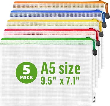 5 Pack Small Mesh Zipper Pouch Bags A5-9.5x7.1 in Plastic Zipper Pouches for Organizing Mesh Pouch with Zippers Bags for Organizing Meshed Zippered Bag Clear Waterproof Travel Pouches Receipts Makeup