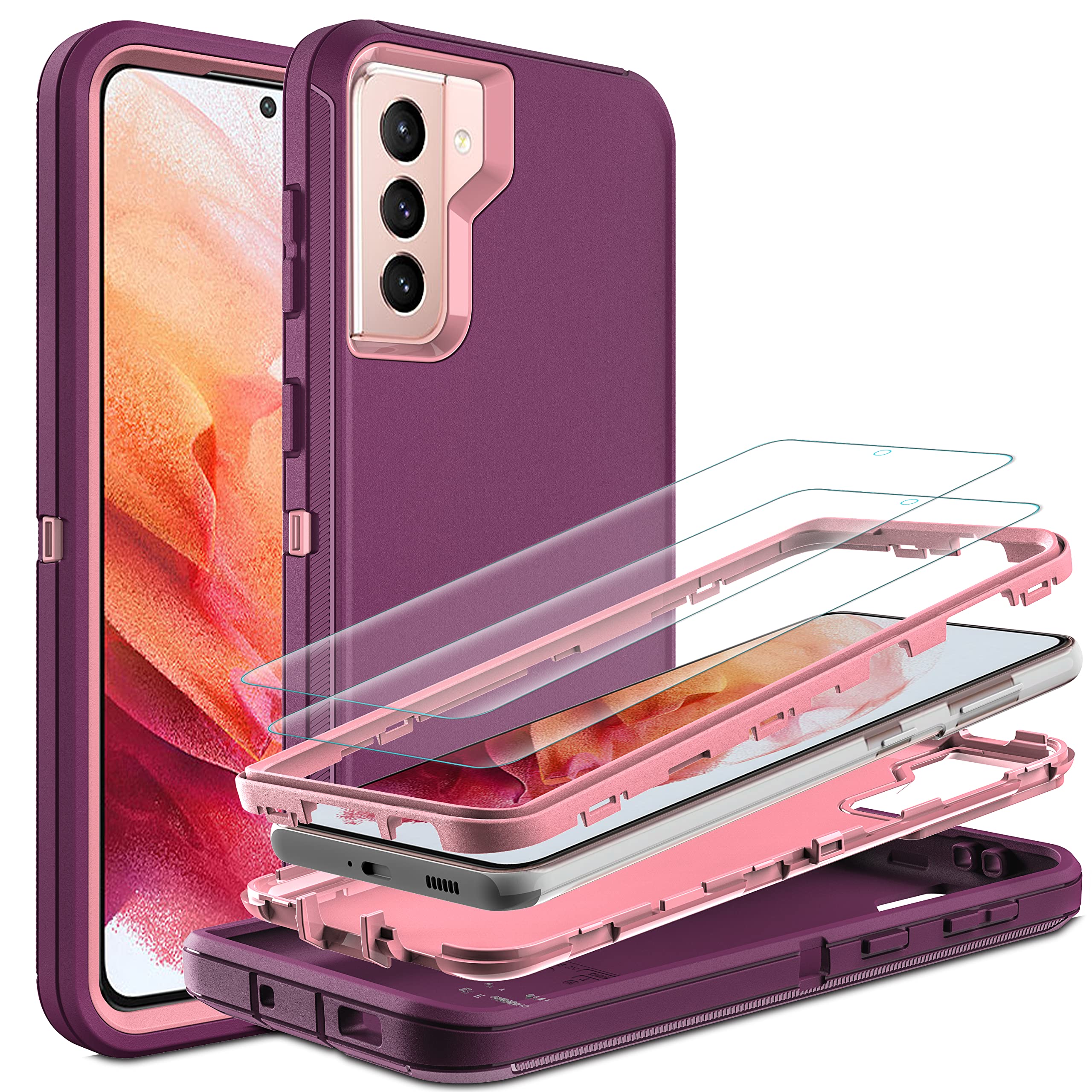 for S21 Plus Case, Samsung Galaxy S21 Plus Case with Self Healing Flexible TPU Screen Protector [2 Pack], 3 in 1 Full Body Shockproof Heavy Duty Case for Galaxy S21 Plus 5G (Purple/Pink)