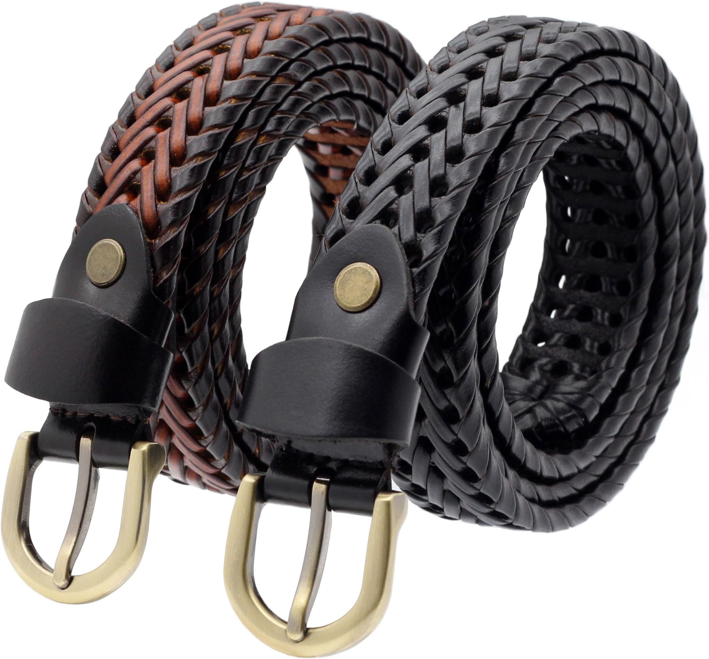 Set of 2 Women's Vintage Genuine Cowhide Leather Braided Belts With Alloy Pin Buckle By ANDY GRADE, Black and Brown, 110 cm(43.3 inch)