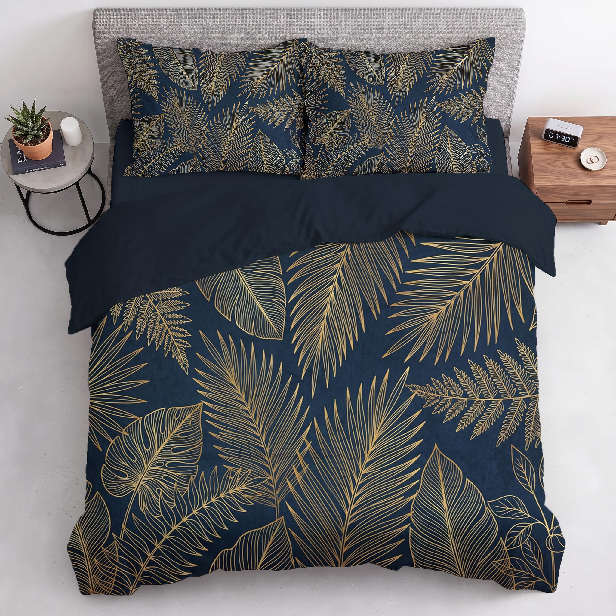 Housse de Couette 220x240cm Plantes en ligne avec 2 Taies d'oreiller 65x65 cm | Feuilles palmier et feuilles bananier - Parure de lit Adulte - 100% Microfibre Parure Couette Fermetures éclair, Or