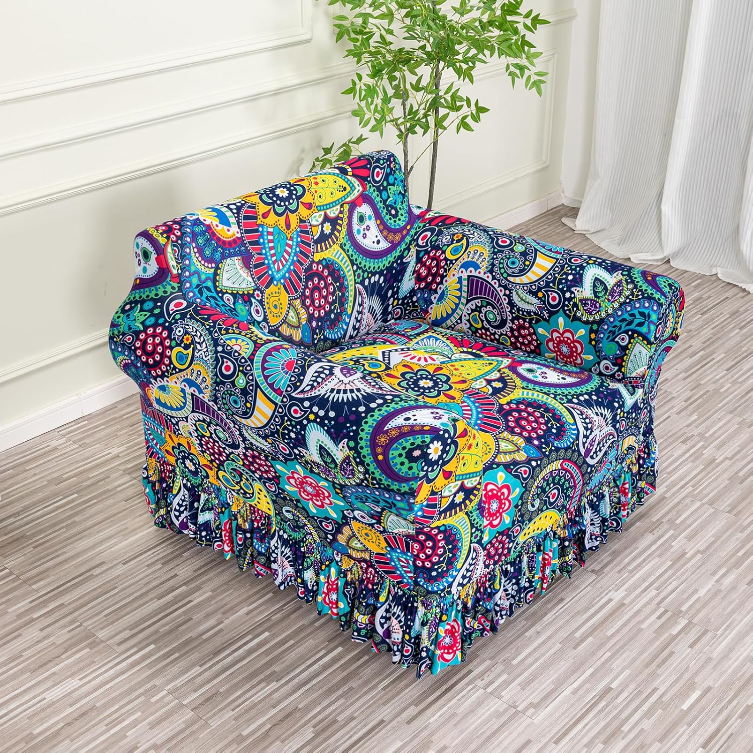 FUANGUI Armchair Slipcover Armchair Cover 1 Piece, Stretch Sofa Couch Cover with Skirt, Couch Slip Covers Pet Friendly, Washable Couch Covers for Sofa, Printed Furniture Protector (1-Seater, 31"-47")