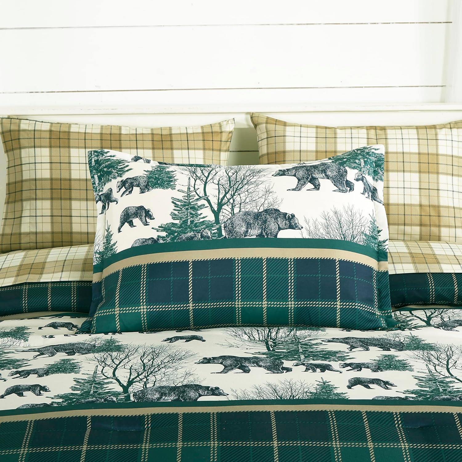 Chezmoi Collection Alpine 7-Piece Northwest Cabin Lodge Bed in a Bag Queen Comforter Set - Blue Green Ivory Tan Grizzly Bear Pine Tree Wilderness Printed Microfiber Bedding Set