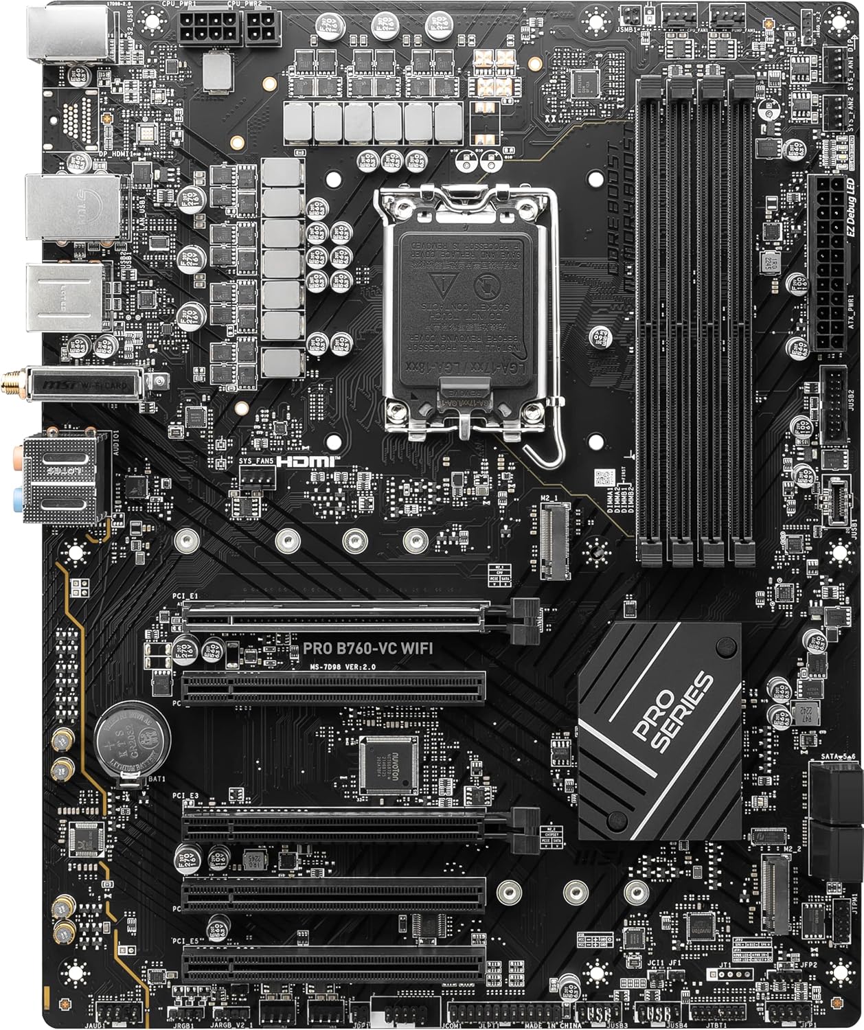 Angled view of MSI PRO B760-VC WiFi Motherboard