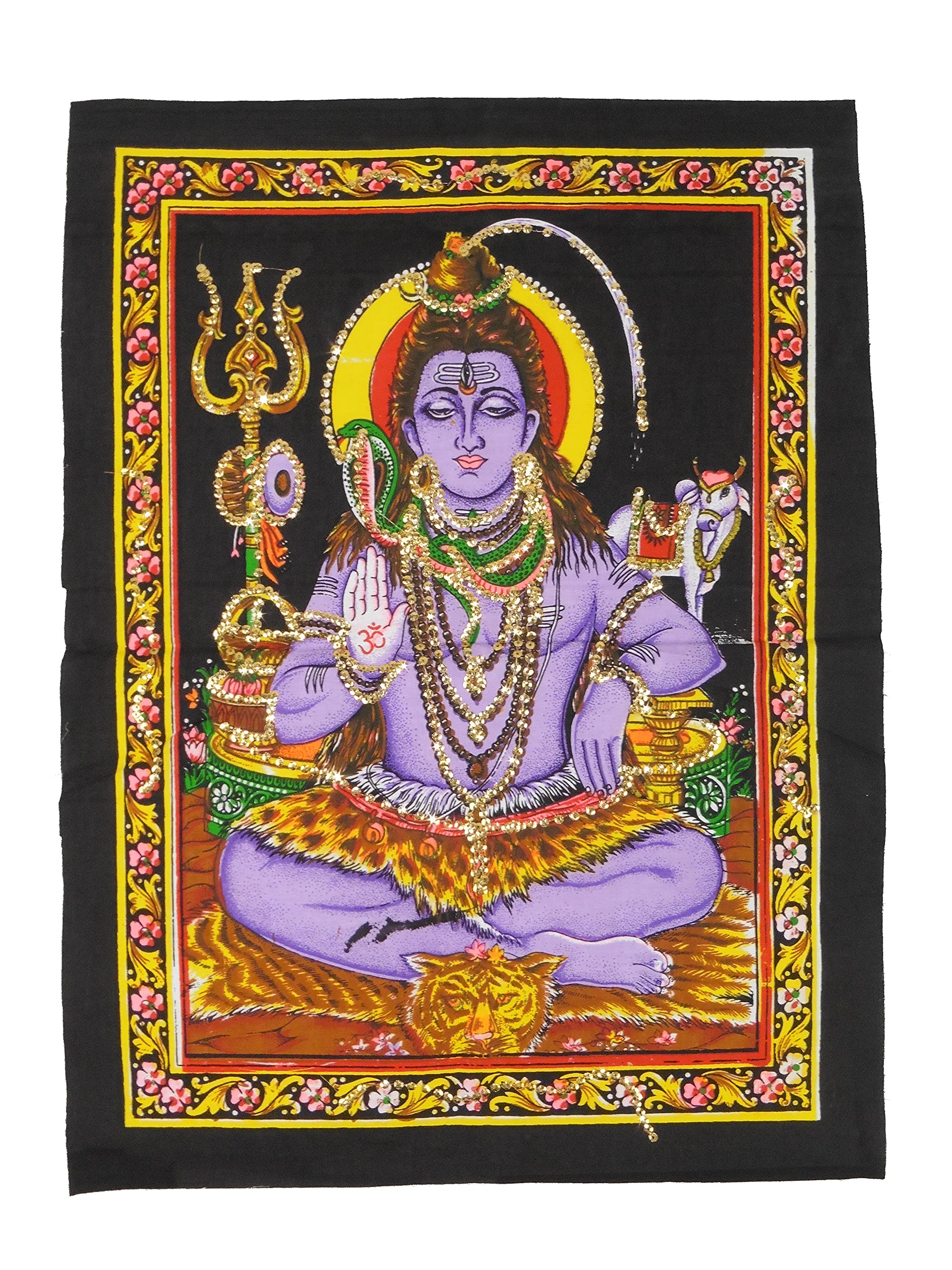 Pilgrims Fair Trade Sequin Cotton Shrine Picture Wall Art Hindu God Shiva Wall Hanging 43 x 55cm