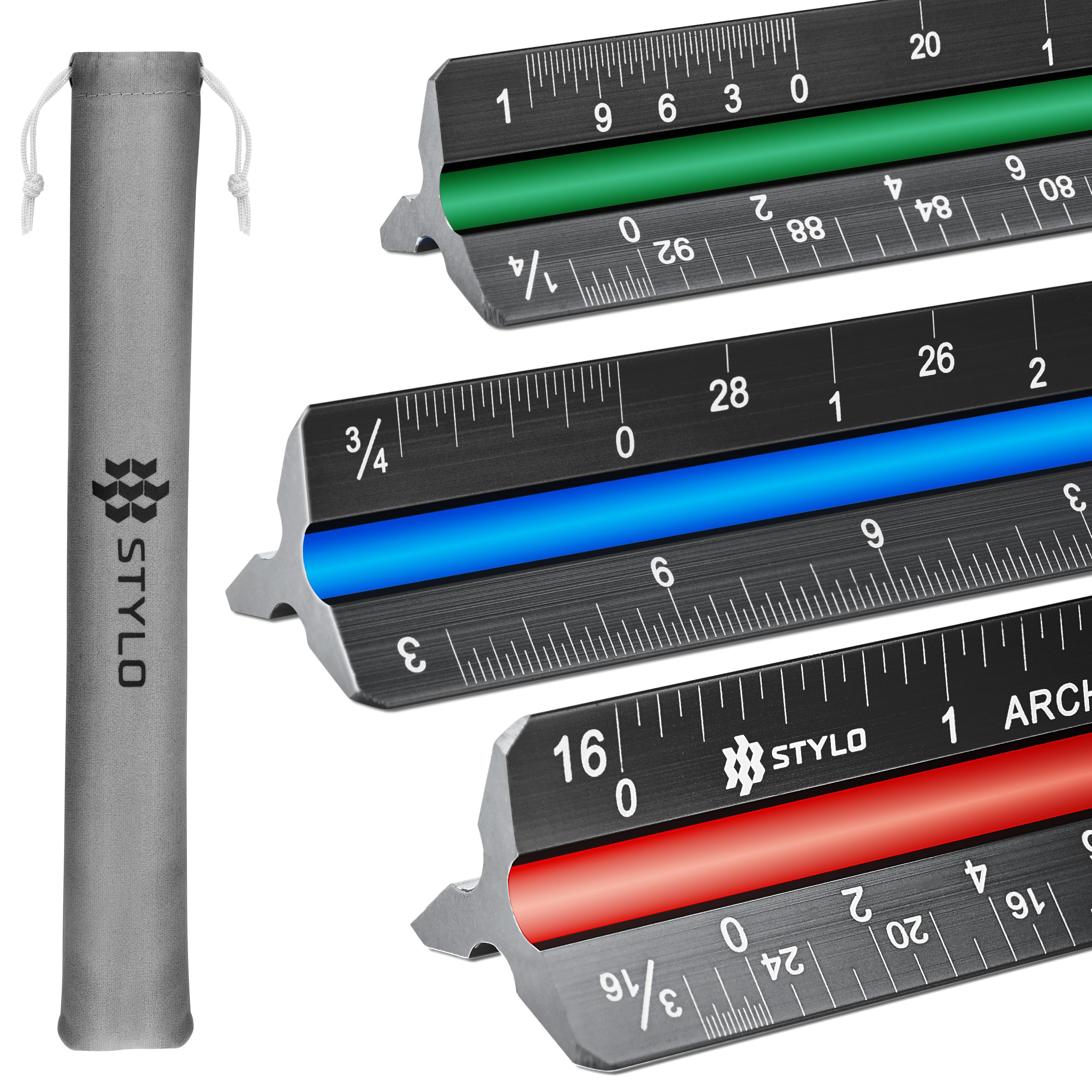Stylo Black Aluminum Architect Scale - 30Cm Laser Etched Triangle Drafting Ruler With Colour Coded Grooves For Blueprint, Drafting - Architectural Scale (, Imperial Units)
