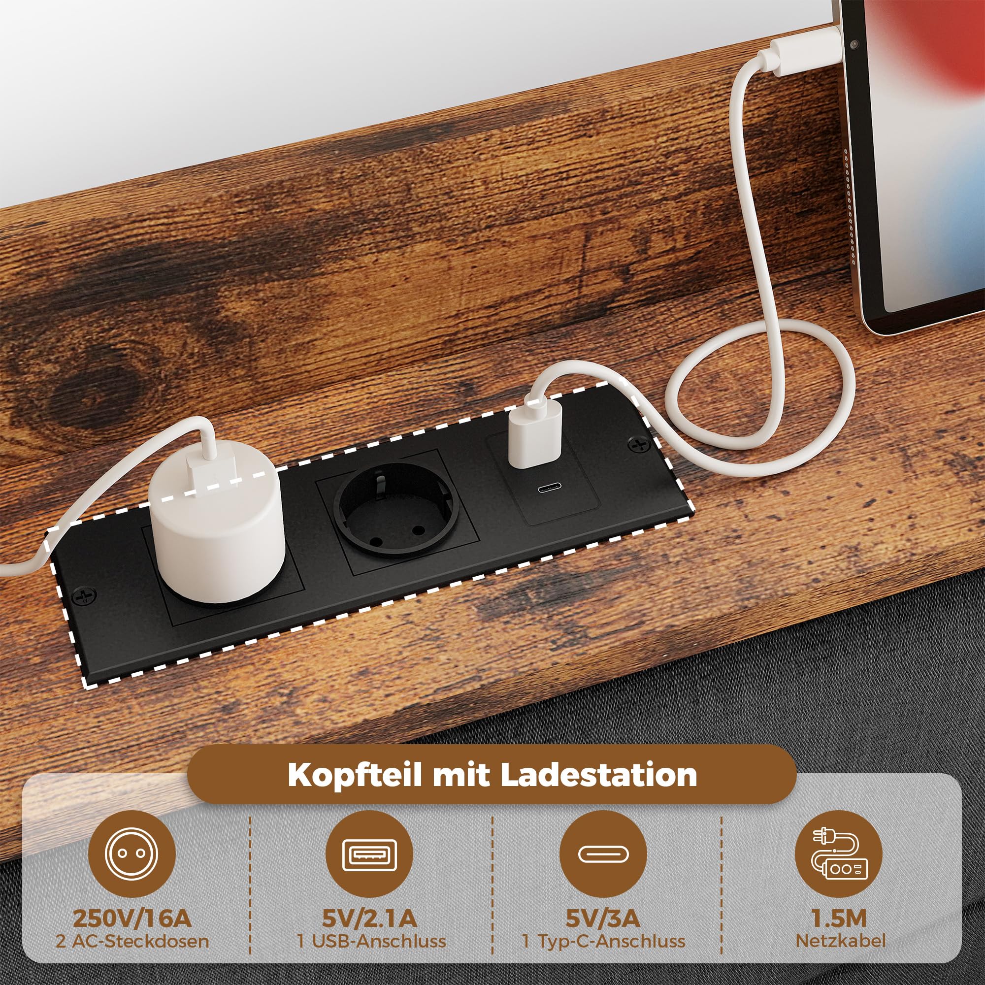 IRONCK Polsterbett 140x200, Schwebebett mit LED-Beleuchtung und Ladestation (USB/USB-C/Steckdosen), gepolstertes Kopfteil mit Stauraum, Bett mit Lattenrost, Doppelbett Bettgestell, Leinen, Dunkelgrau