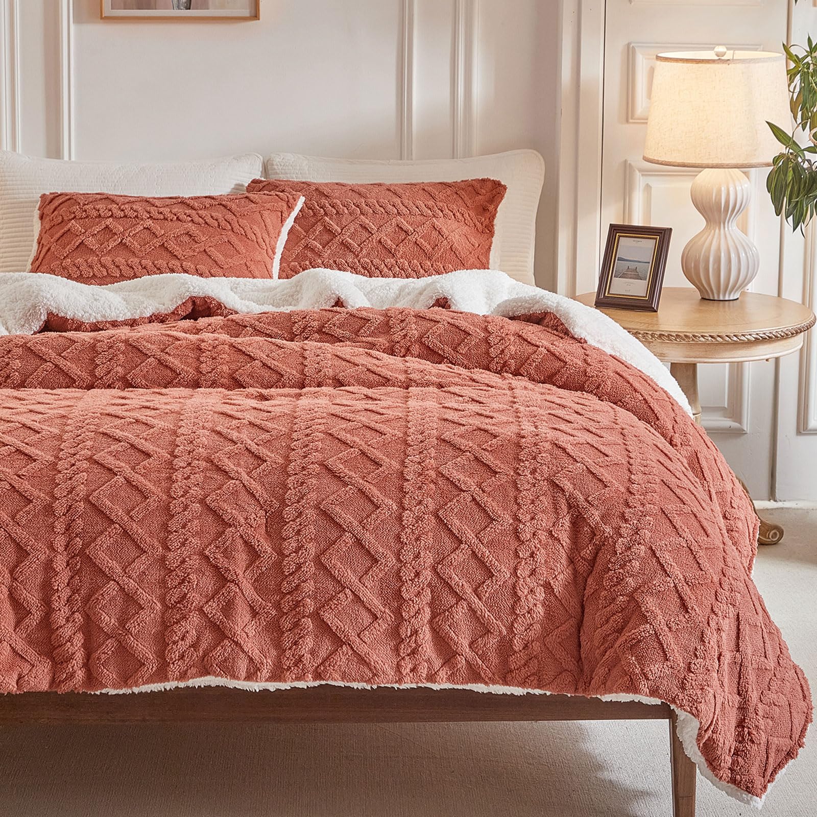 Joyreap 3-Piece Fluffy Faux Fur Sherpa Comforter Set, King Size Brownish Red Luxury Tufted Bedding Comforter Set, All Season Soft n Cozy Plush