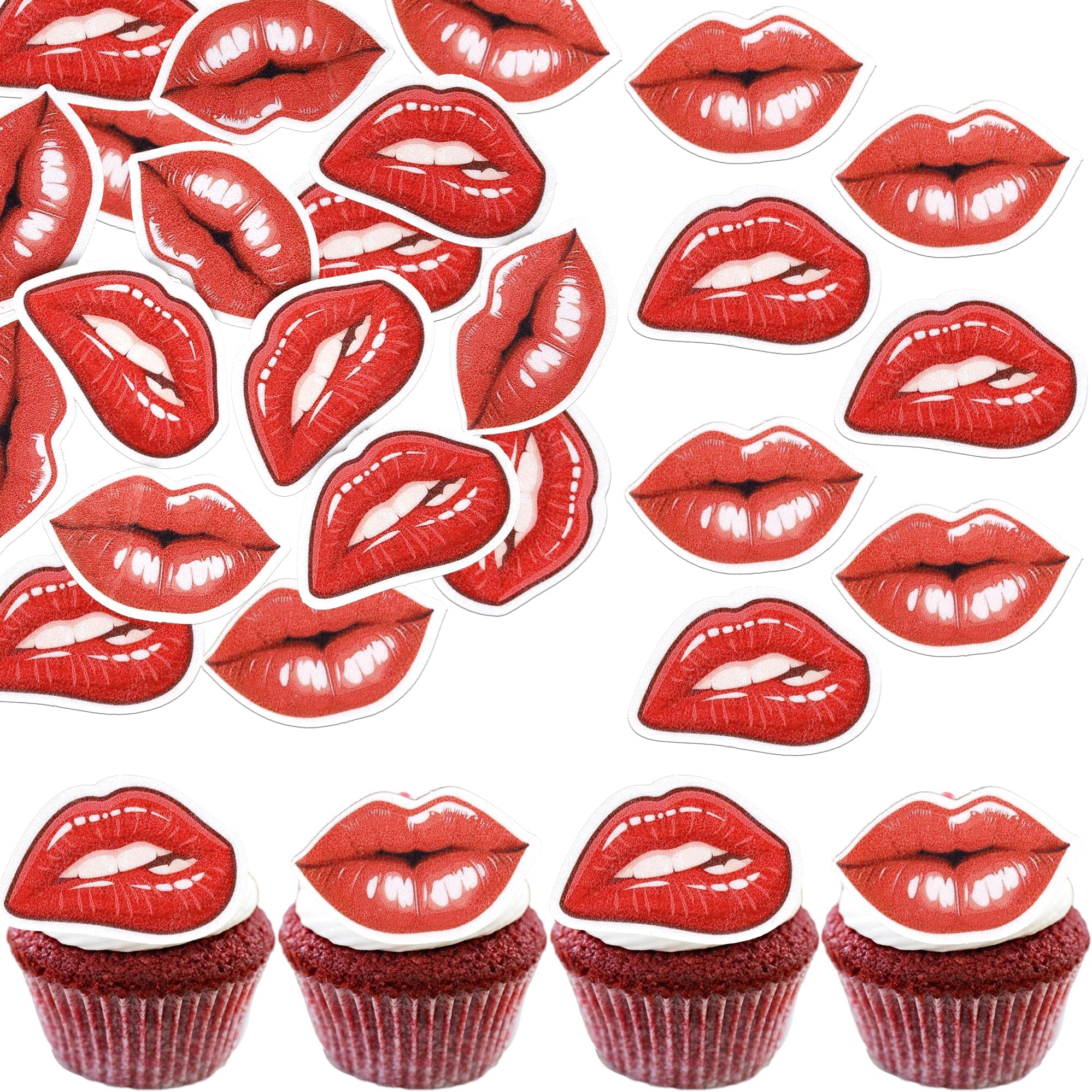 Rsstarxi 60 Pack Edible Happy Valentine's Day Cupcake Toppers Wafer Paper Lips Cupcake Picks Sweet Love Cake Decorations for Bachelorette Bridal Shower Wedding Valentine's Day Party Supplies