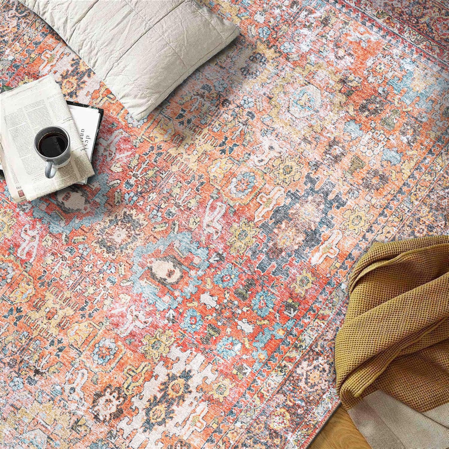 Rugshop Multi Transitional Distressed Area Rug — Machine Washable & Non‑Slip, 4' X 6' for Living Room, Bedroom and Home Office