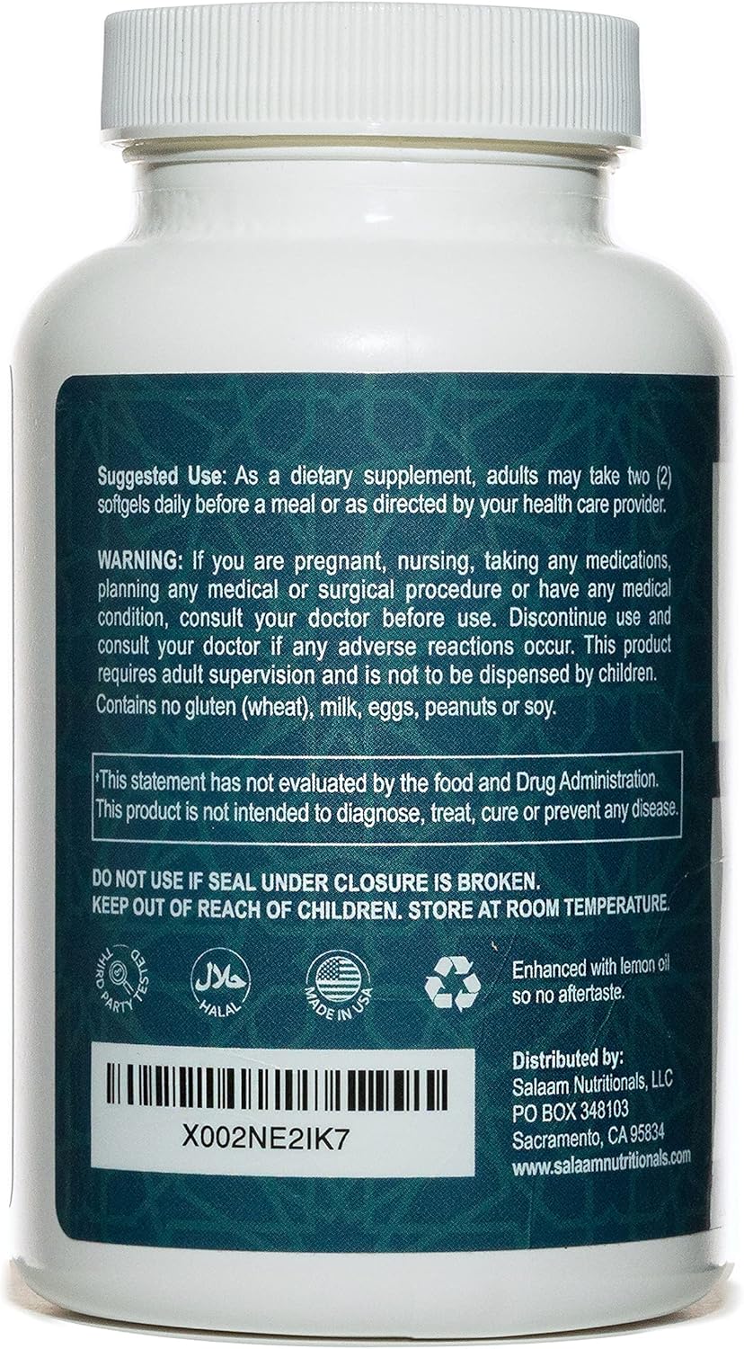 Salaam Nutritionals Halal Fish Oil, Burpless, Omega 3 DHA+ EPA 2,000mg for Heart, Eye, Brain and Joint Health.