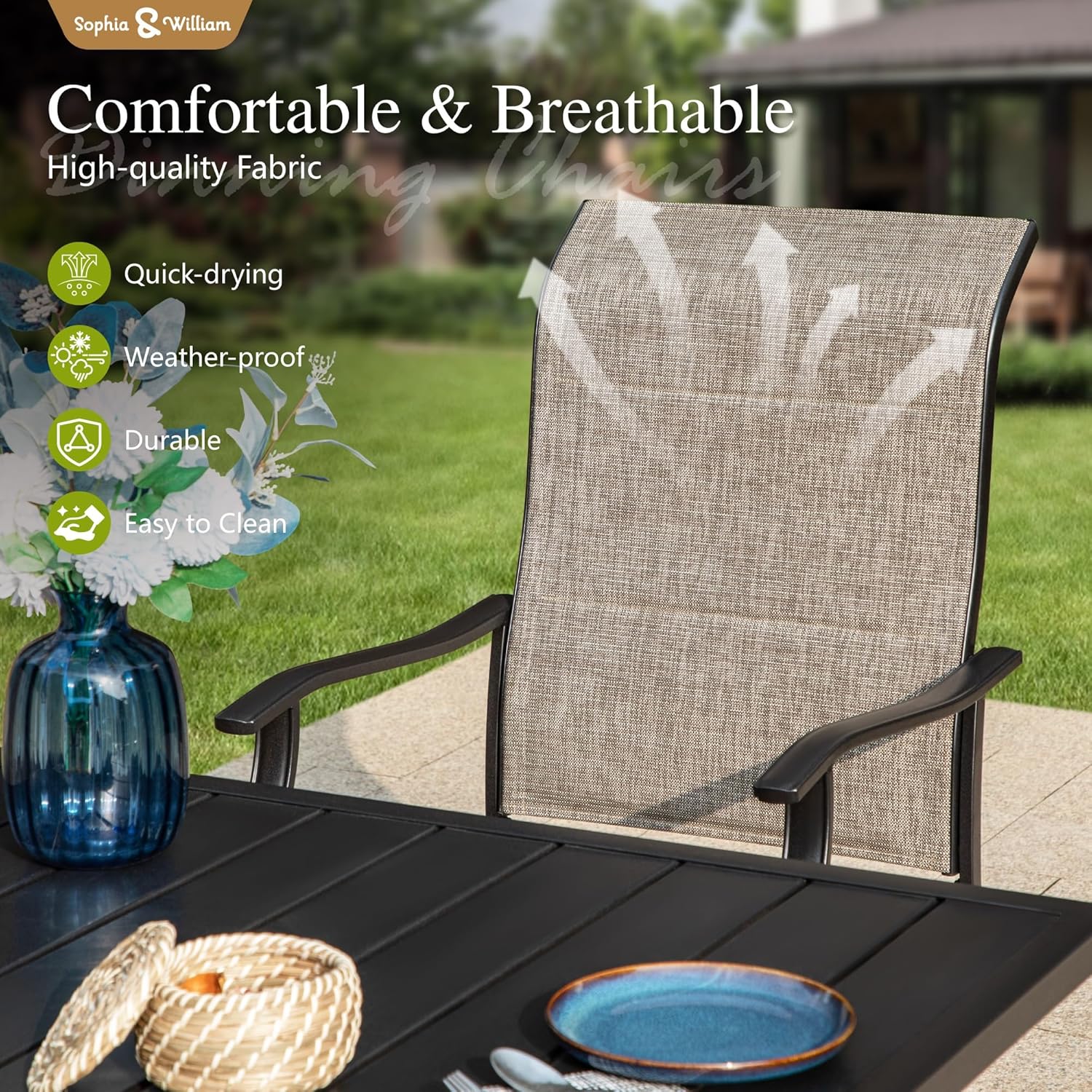 Sophia & William 7 Piece Outdoor Patio Dining Set, Patio Furniture Set with 6 Swivel High Back Patio Dining Chairs and Rectangular Metal Table, Textilene Fabric for Backyard, Poolside, Balcony
