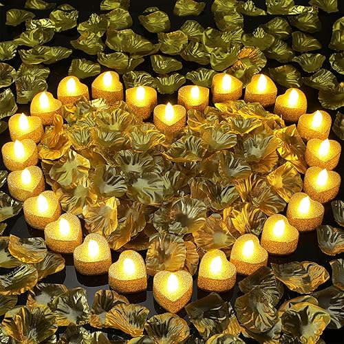 Honoson 1000 pétalos de rosa artificiales con 24 velas LED en forma de corazón sin llama, velas románticas para decoración de mesa de aniversario de