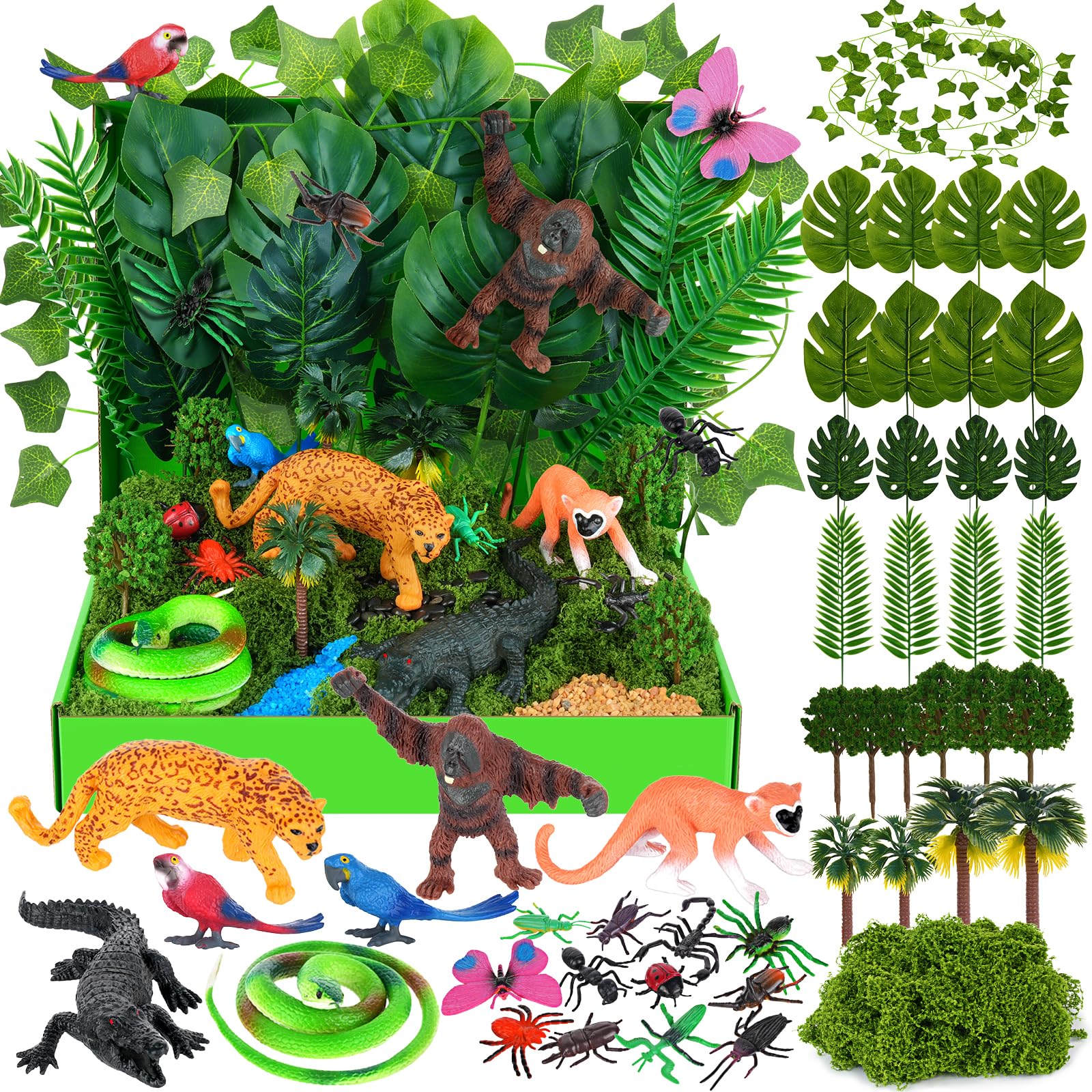 Draupnir Rainforest Animals Figures 47 Pcs Rainforest Diorama Kit Realistic Diorama Box Habitat Project Box Set Animals Model Scenery Kit DIY Crafts