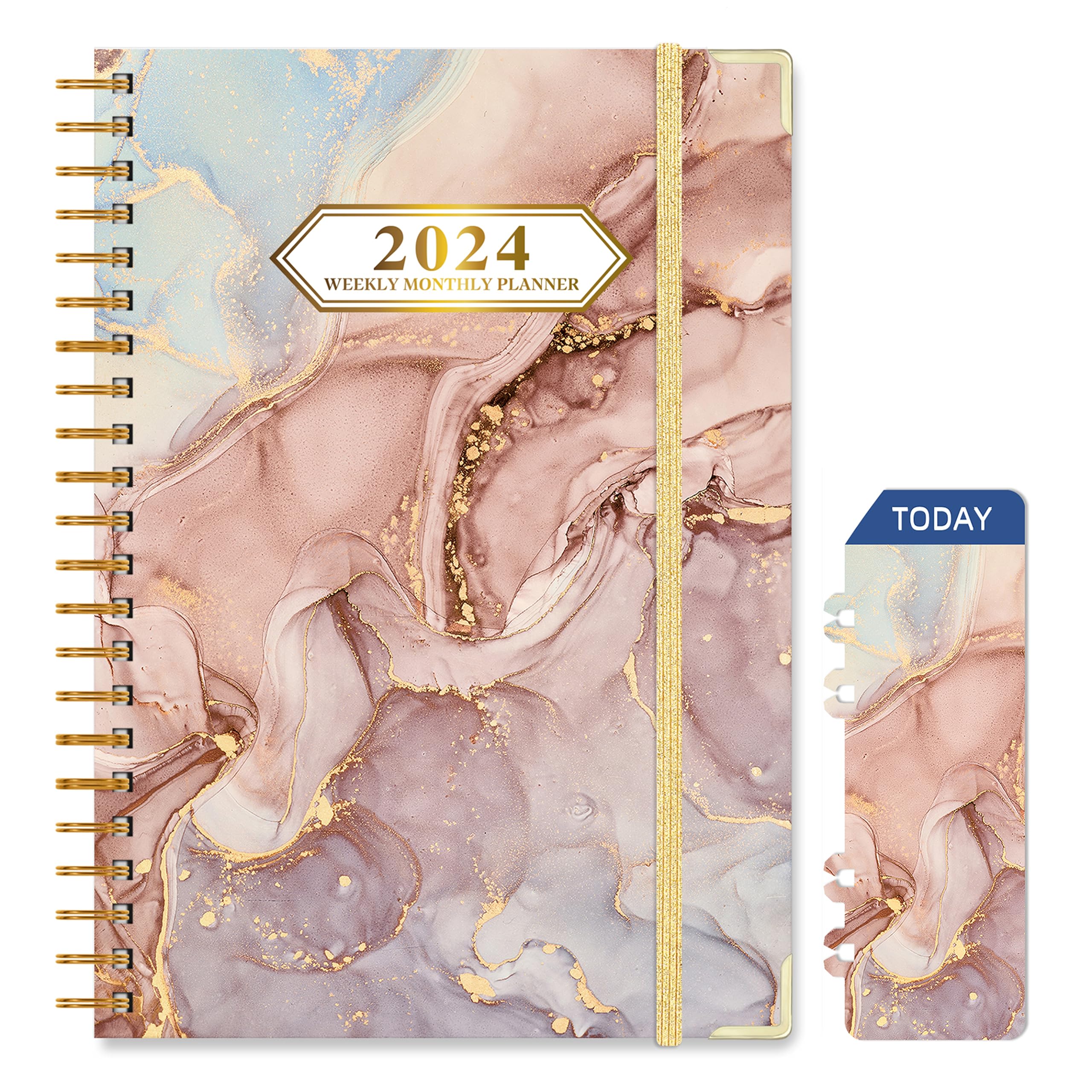 2024 Monthly Planner, Jan 2024 - Dec 2024 Weekly Monthly Planner 6.5" x 8.5" with Page Tabs, Calendar Hardcover with Inner Pocket, Elastic Band, Twin-Wire Binding, Bookmark,Salmon Pink Marble