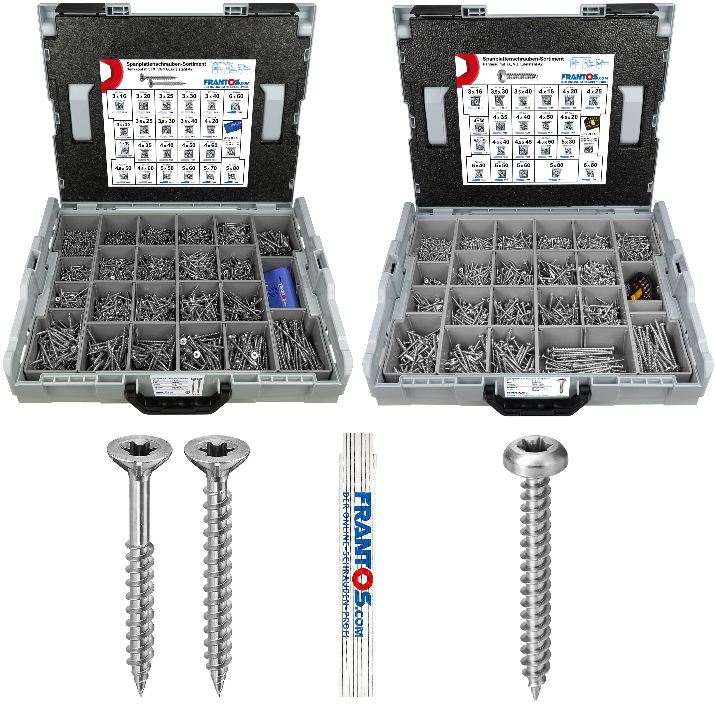 FRANTOS L-BOXX Spanplattenschrauben Sortiment Bundle 5.497 tlg. Holzschrauben (Senkkopf + Panhead) Edelstahl A2 I TX 3,0x16 – M6x80 I inkl. Torx Bit Set
