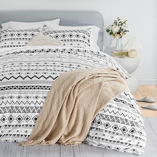 Miniatura 3 de SLEEP ZONE Juego de funda de edredón bohemio con estampado geométrico elegante de 4.23 ozm, ultra suave, cierre de cremallera, lazos en las