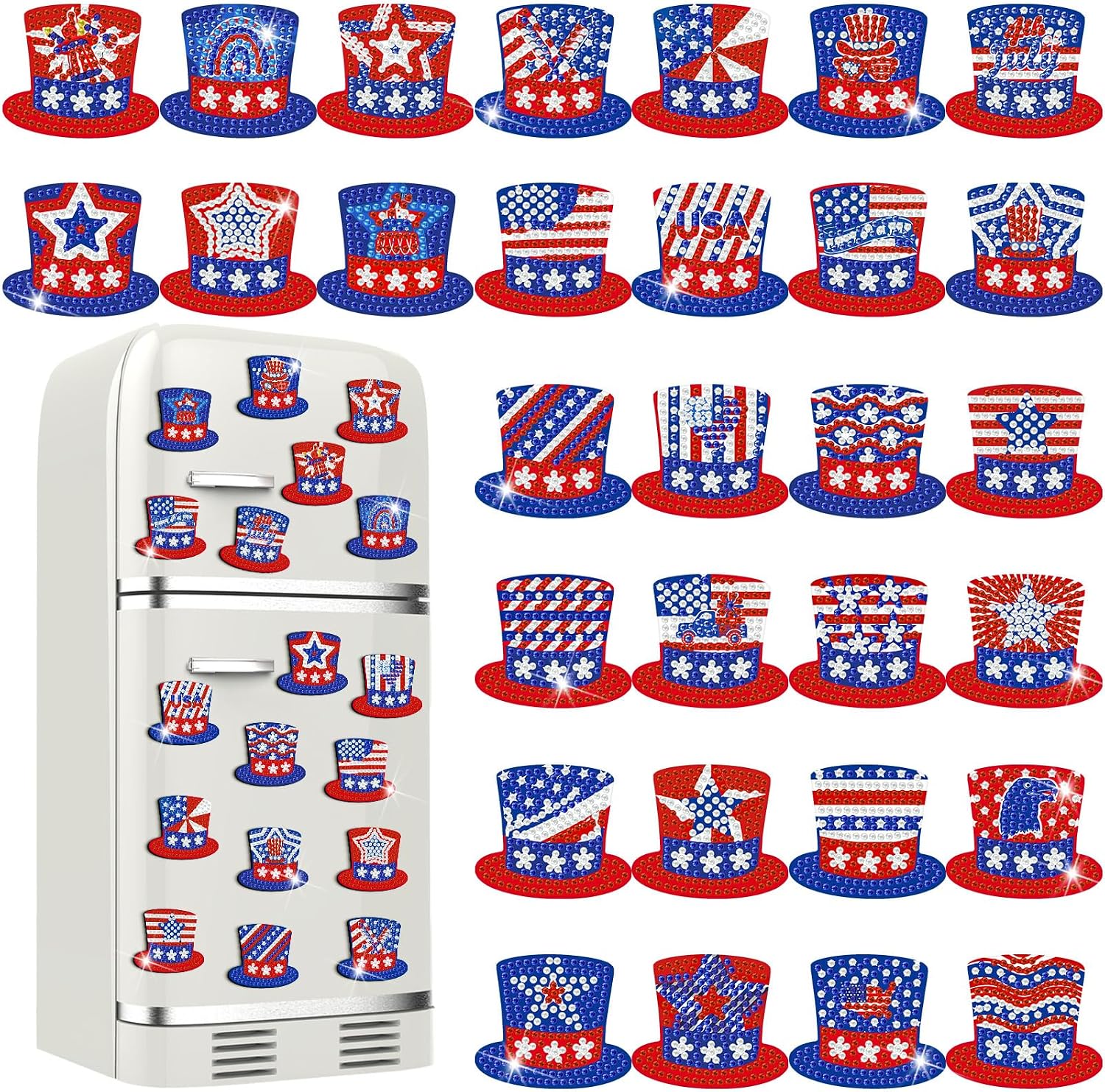 Motipuns 30 Pcs 4th of July Diamond Painting Magnet Patriotic Top Hat Diamond Magnetic Art Kit Red White Blue Star DIY Fridge Magnet Sticker for Adult Independence Day Party Decor