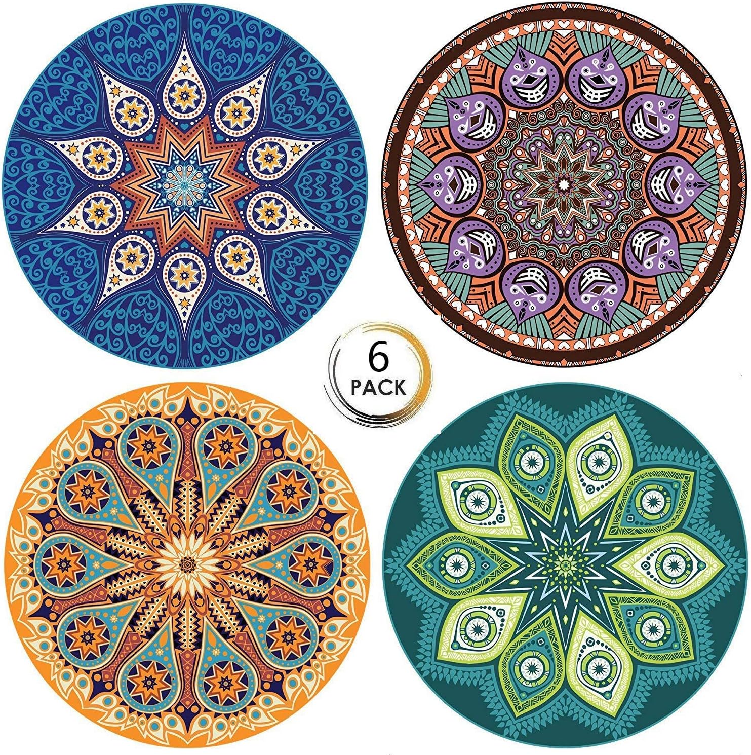 PBELE 6X Ceramic Coasters with Cork Absorbent Stone Style Coffee Drink Cup Mat, Bohemia Style-6pcs, 4inch