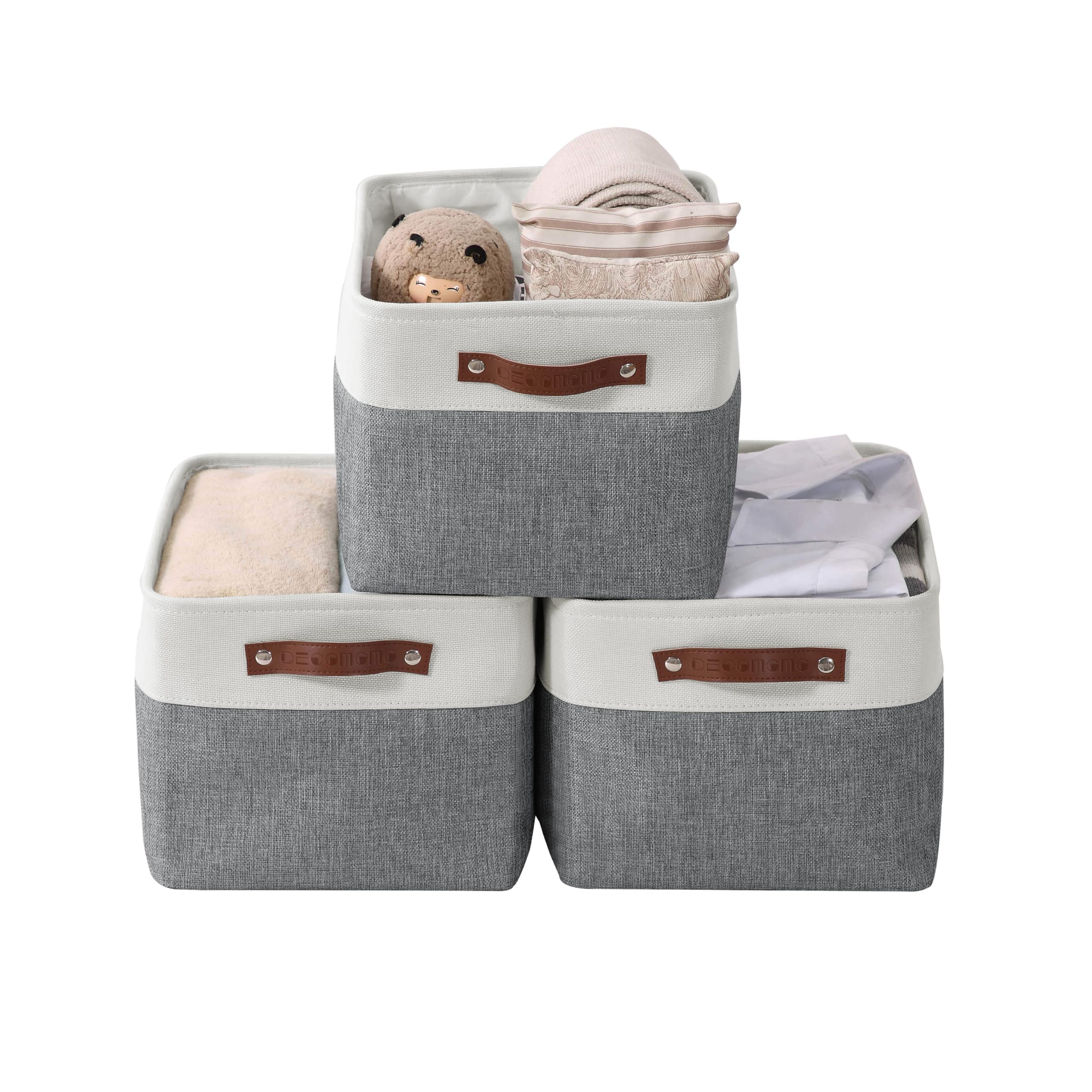 DECOMOMO Storage Baskets | Storage Boxes Fabric Organiser Storage for Wardrobe, Toys, Shelves, Office, Home & Nursery (Large Grey and White 15 x 11 x 9.5 – Set of 3) — view 18