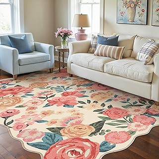 Washable Floral Area Rug 5x7 Beige Living Room Carpet Scalloped Flower N...