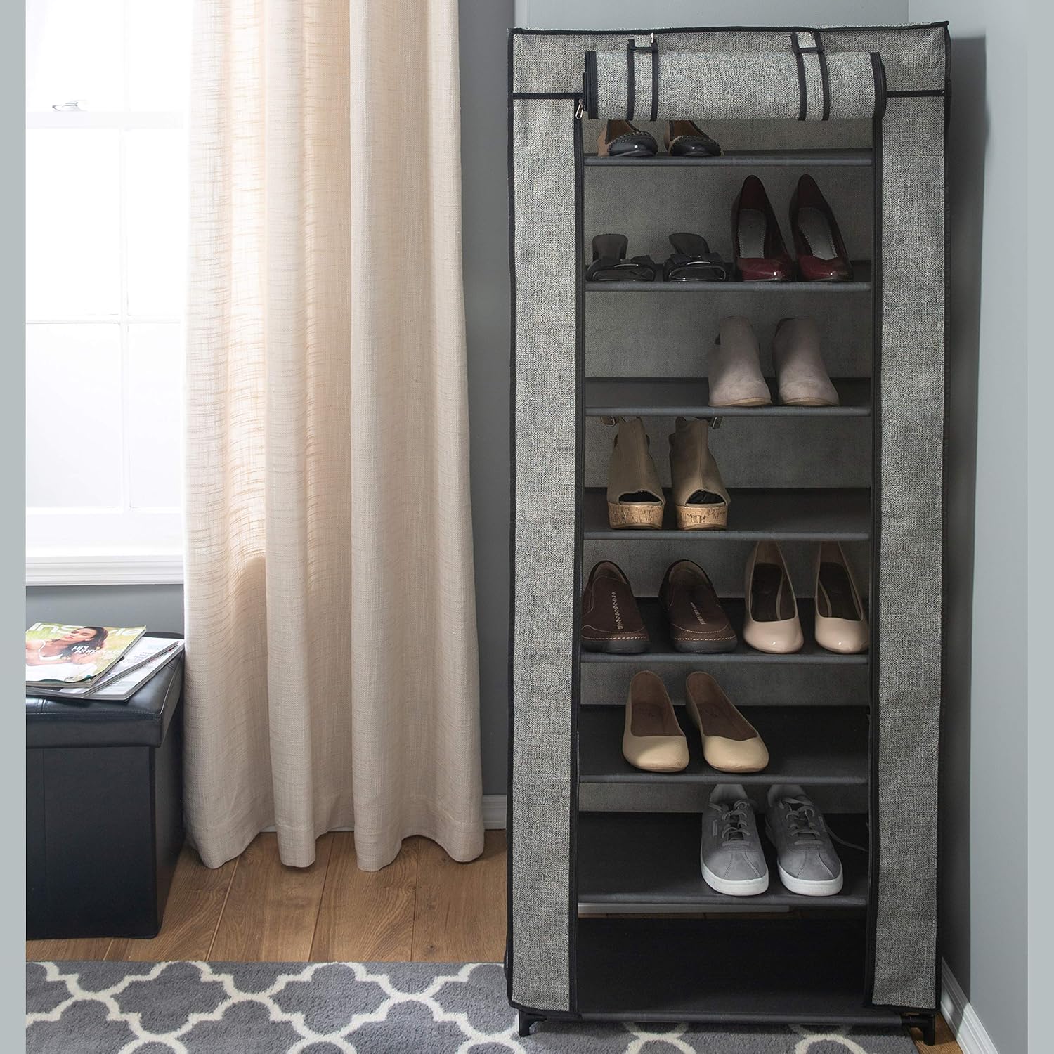 Simplify 8 Tier Shoe Storage Closet Organizer Rack with Cover, Free Standing, Holds 24 Pairs, Good for Sneakers, Flats, Heels & Boots, Black