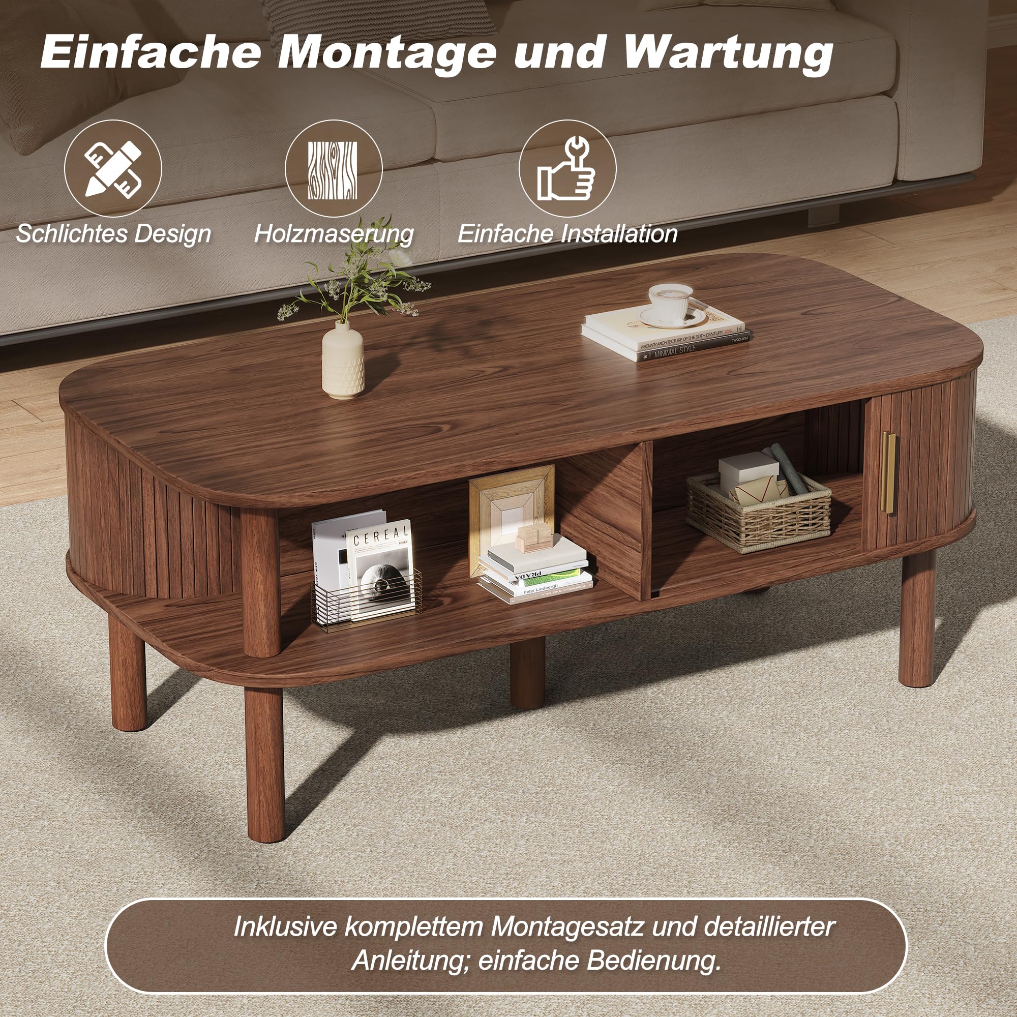 Couchtisch mit Schiebetür 110x55 cm Walnuss | Couchtisch mit Schiebetür, MDF-Holzfurnier, Wohnzimmer Sofaecke, Familienhaushalte