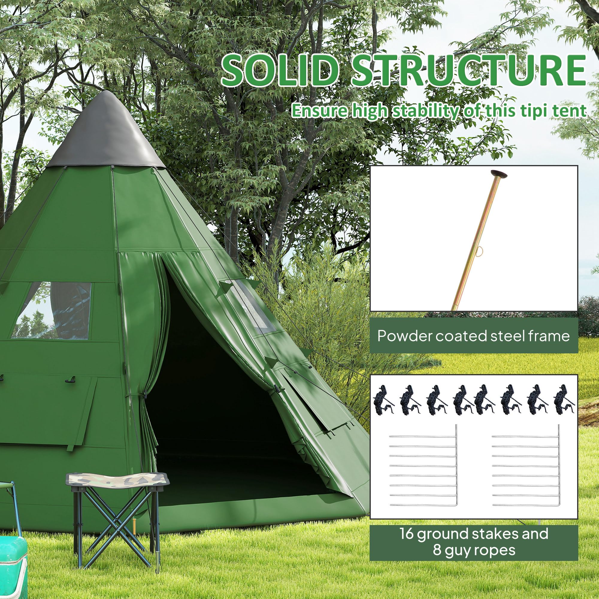 Outsunny Tente Tipi pour 6 hommes, avec fenêtres en maille, sol cousu, deux portes et sac de transport, installation facile, pour randonnée, pique-nique, nuit en plein air