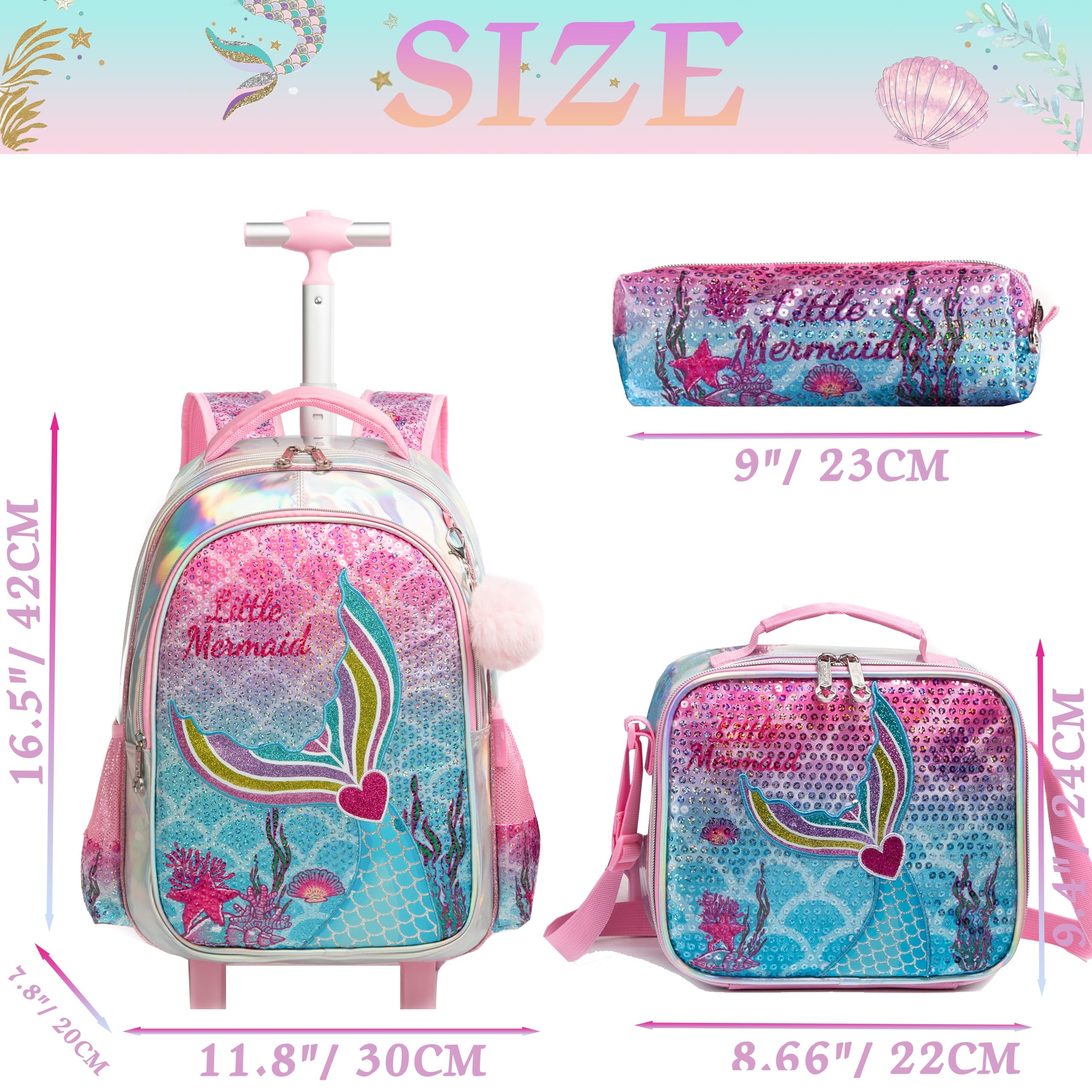 HTgroce Trolley Zaino con ruote, astuccio, borsa per il pranzo, 3 in 1, facile da arrotolare, per ragazze, borse per la scuola