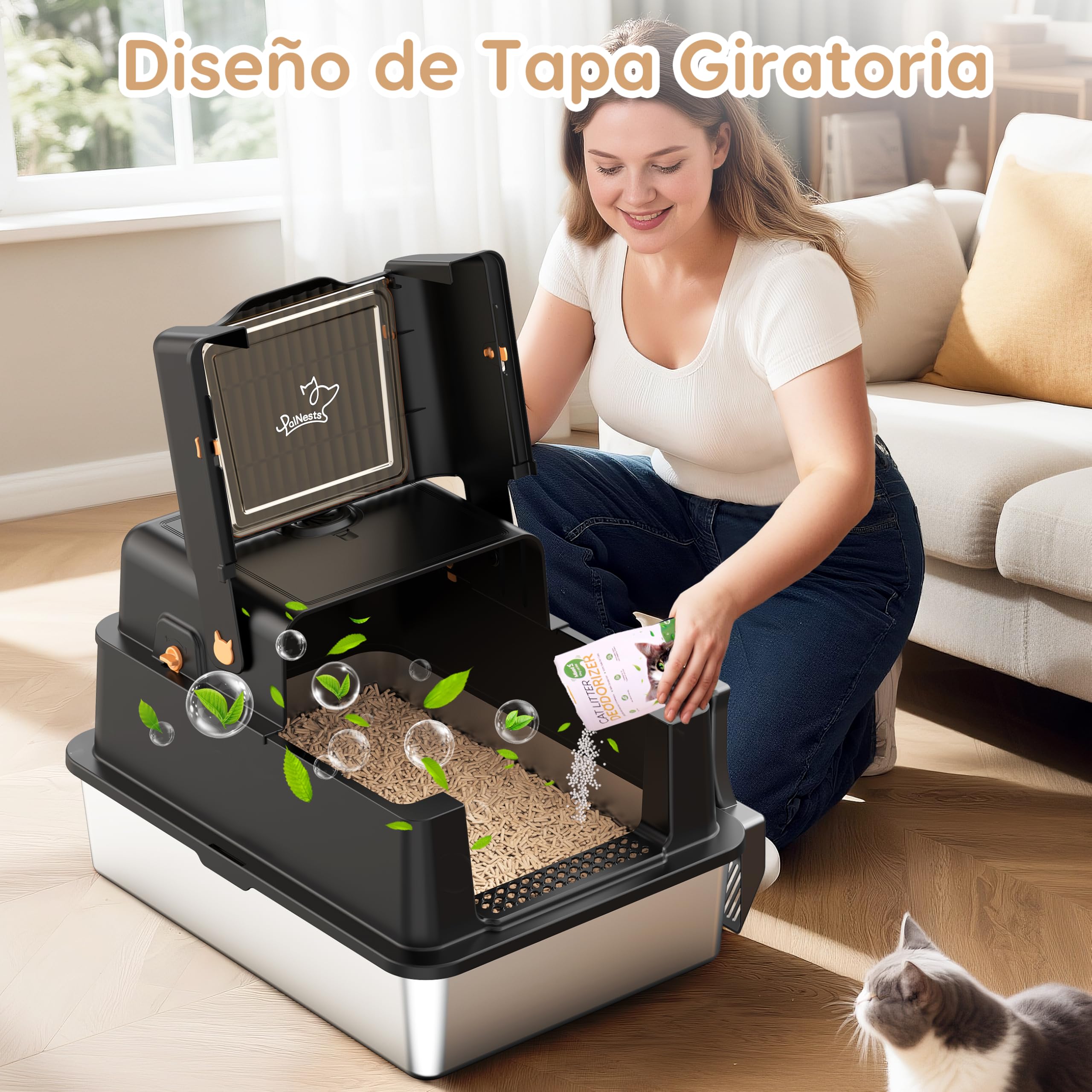 Arenero Gato Acero Inoxidable, 120L XXXL Caja de Arena para Gatos con Tapa Abatible de 105°, De Gran Tamaño Metal Extraíble Litter Box, Caja de Arena Lados Altos con Desodorización de Arena