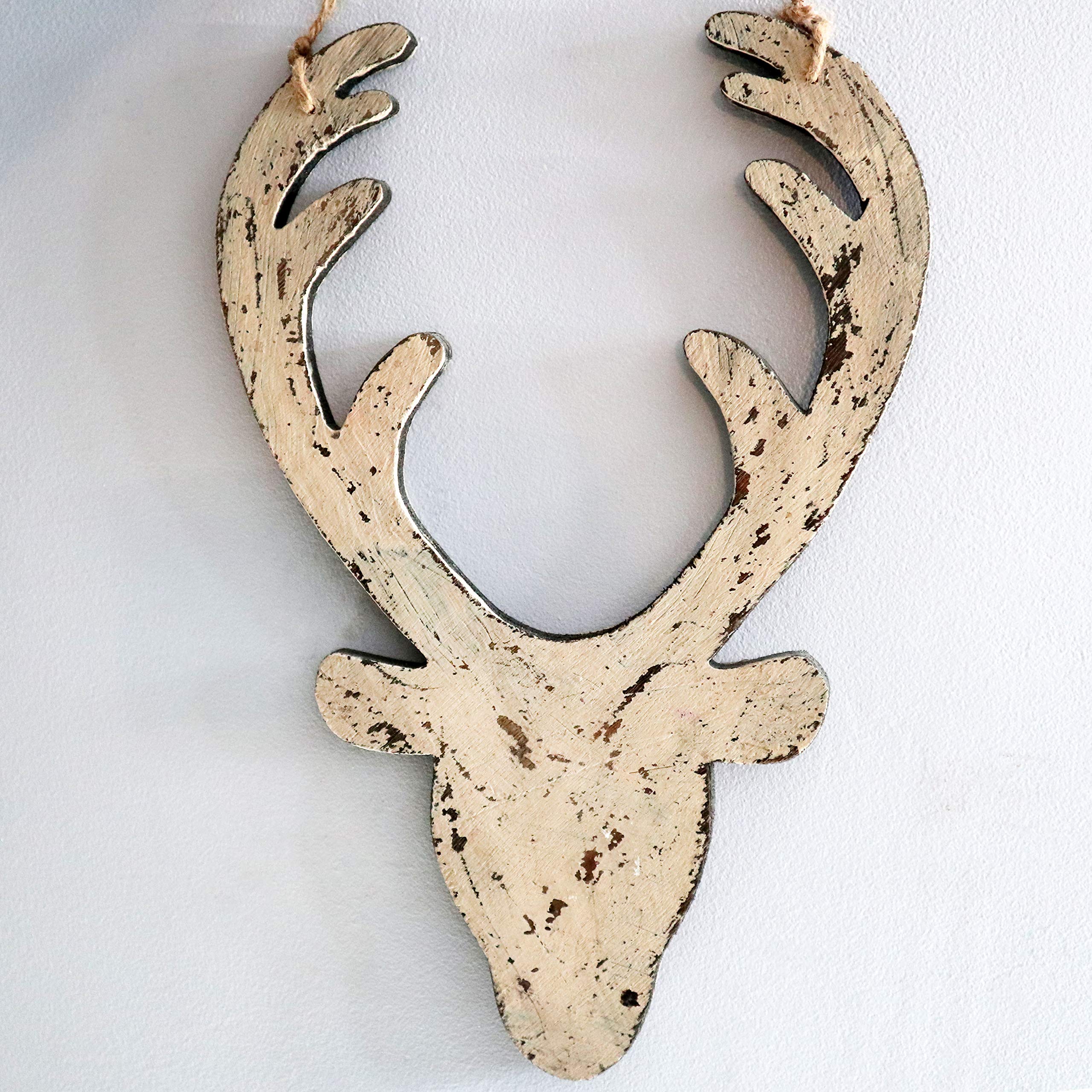 Shatchi Cream 16 X 26H Cm, 26Cm Christmas Wooden Hanging Front Face Deer Wall Decoration Xmas Home Office Holiday Decorative Centrepiece