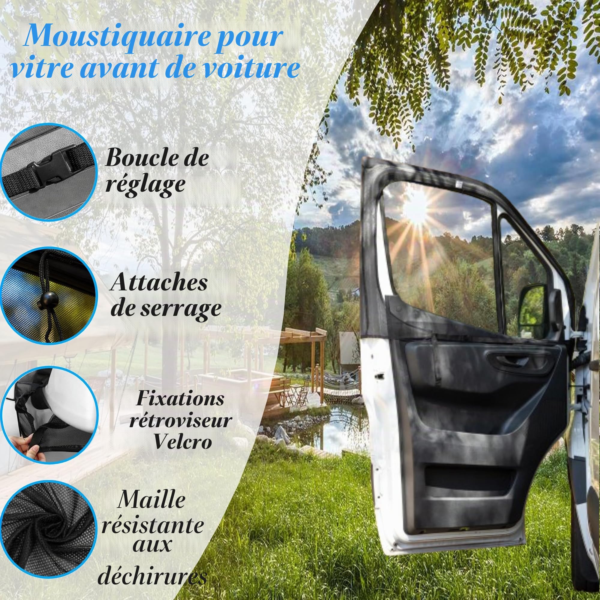 Écran de fenêtre magnétique de Voiture, 2 pièces Universel Moustiquaires Porte Avant Voiture Bloquer Les Rayons UV Pare-Soleil de fenêtre Avant élastique avec Sac Rangement pour Caravane Camping-Car